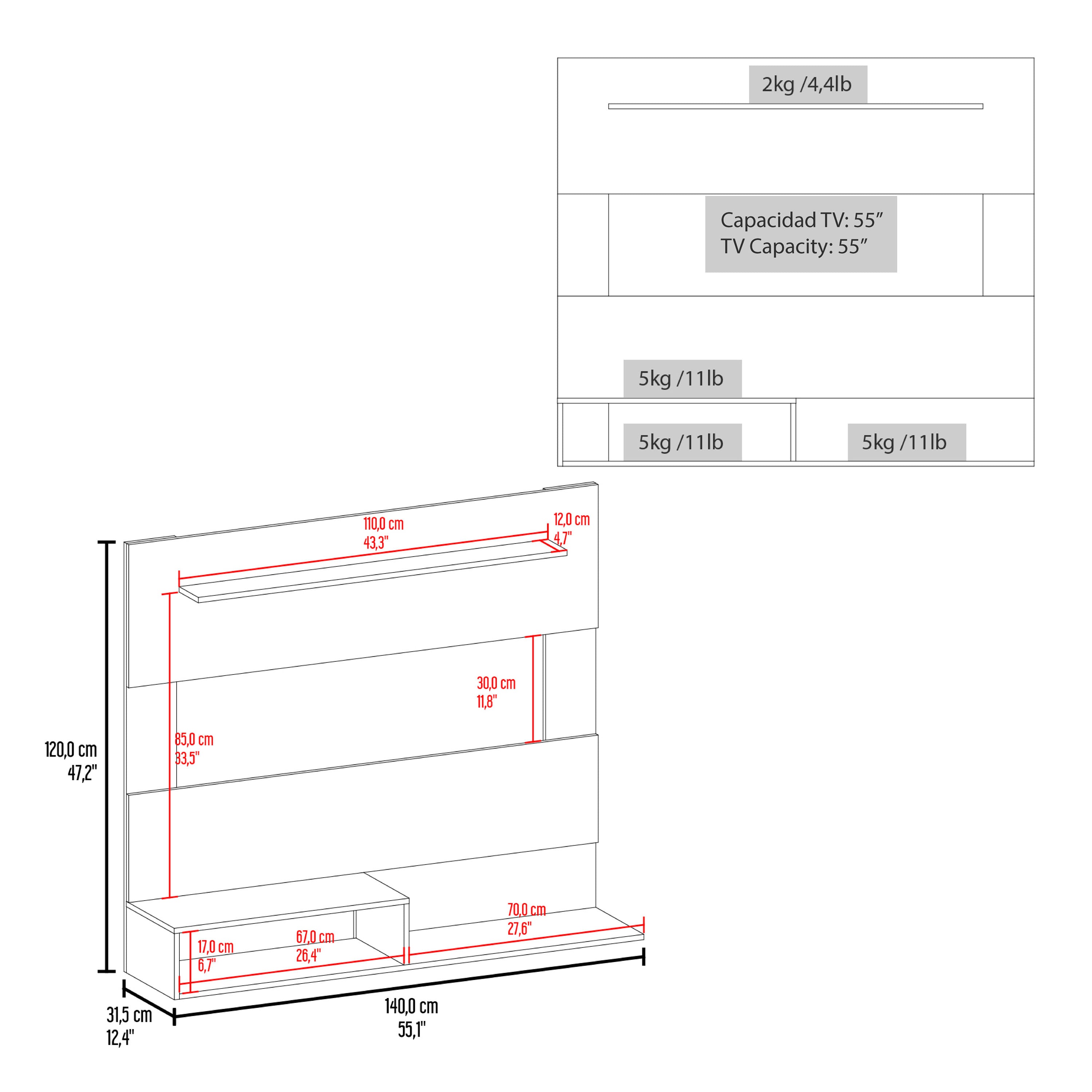 Baden Floating Entertainment Center for TV´s up 55", Space For TV, One Superior Shelf, Two Shelves, White - Luciddepo