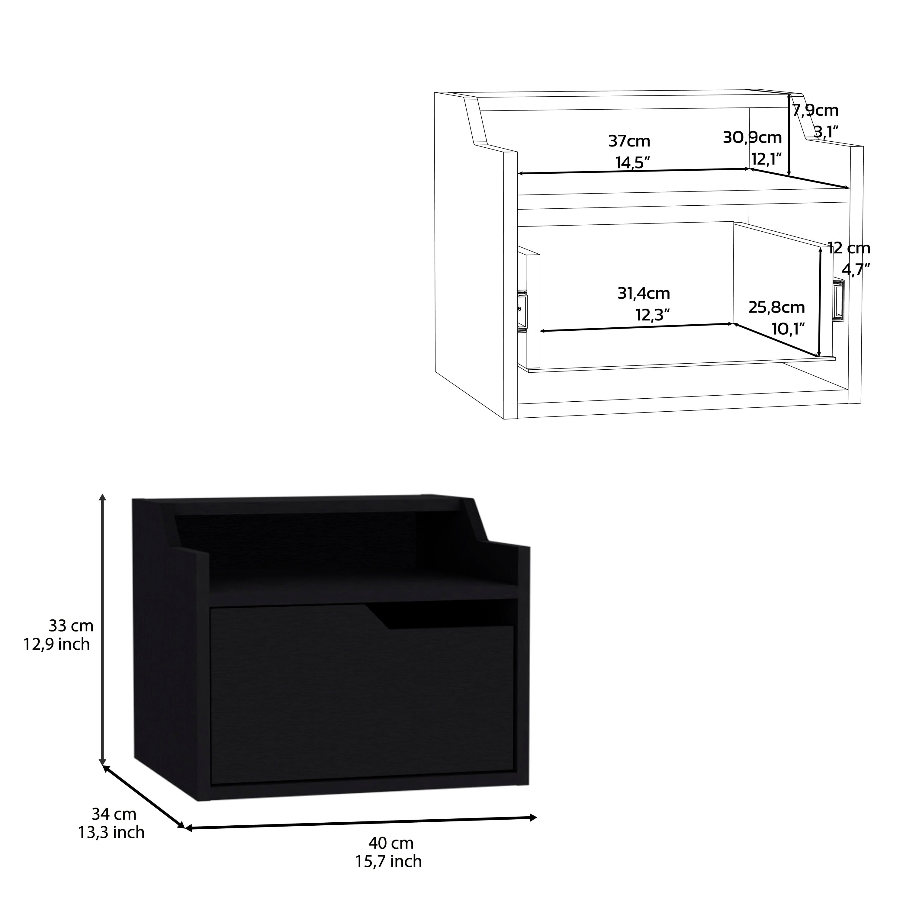 Winchester Floating Nightstand, Modern Dual-Tier Design with Spacious Single Drawer Storage, Black - Luciddepo
