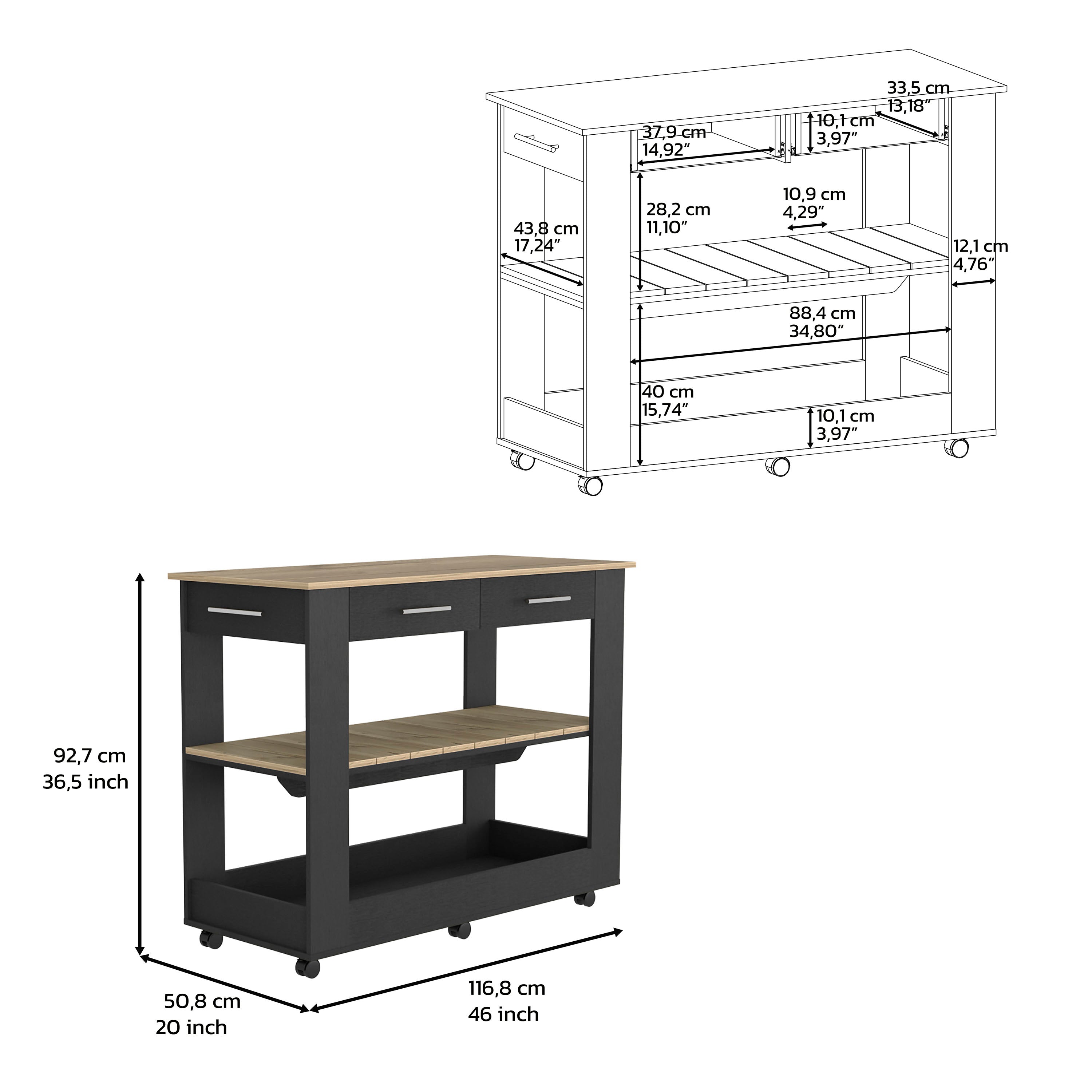 Delos 46 Kitchen Island White, Six Casters, Two Drawers, Lower Open Shelf, Black / Light Oak - Luciddepo