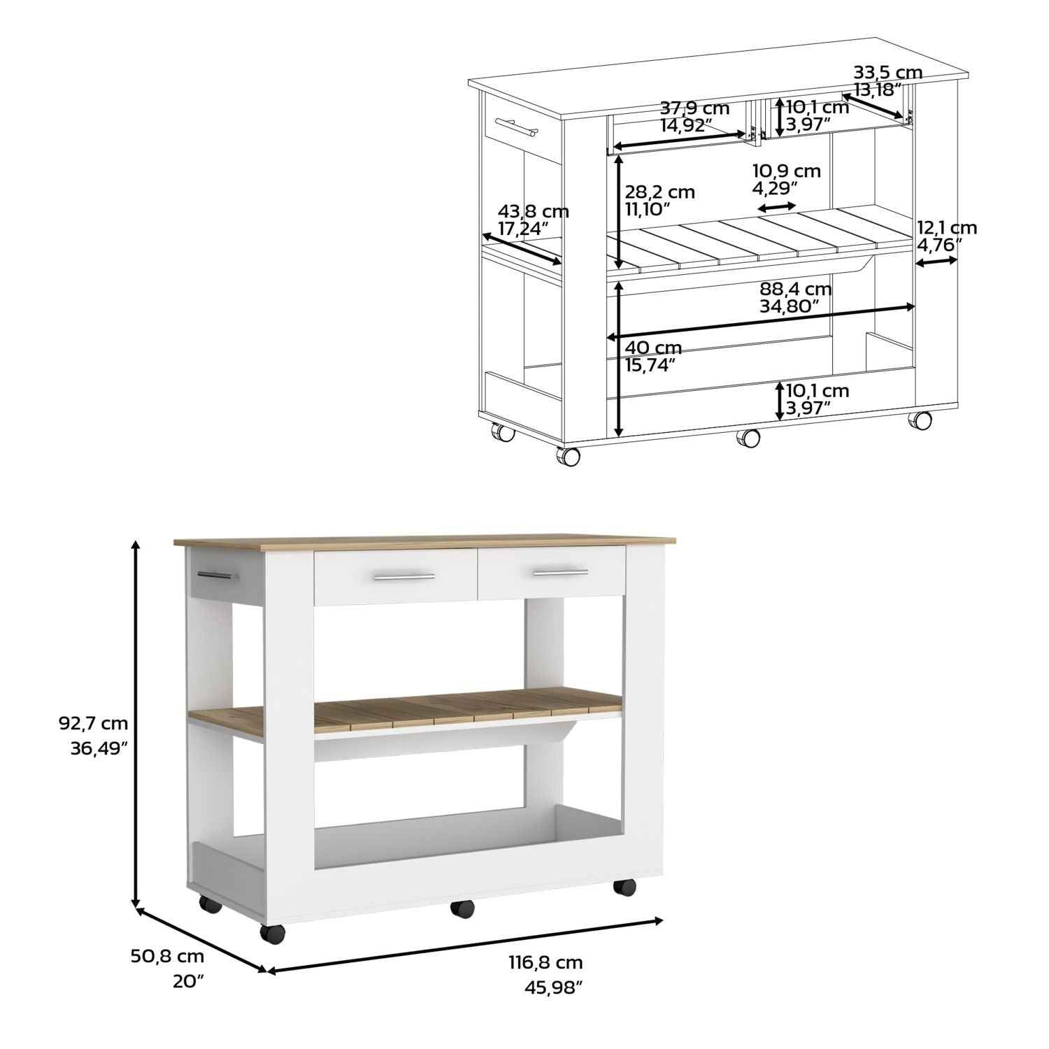 Delos 46 Kitchen Island White, Six Casters, Two Drawers, Lower Open Shelf, White / Light Oak