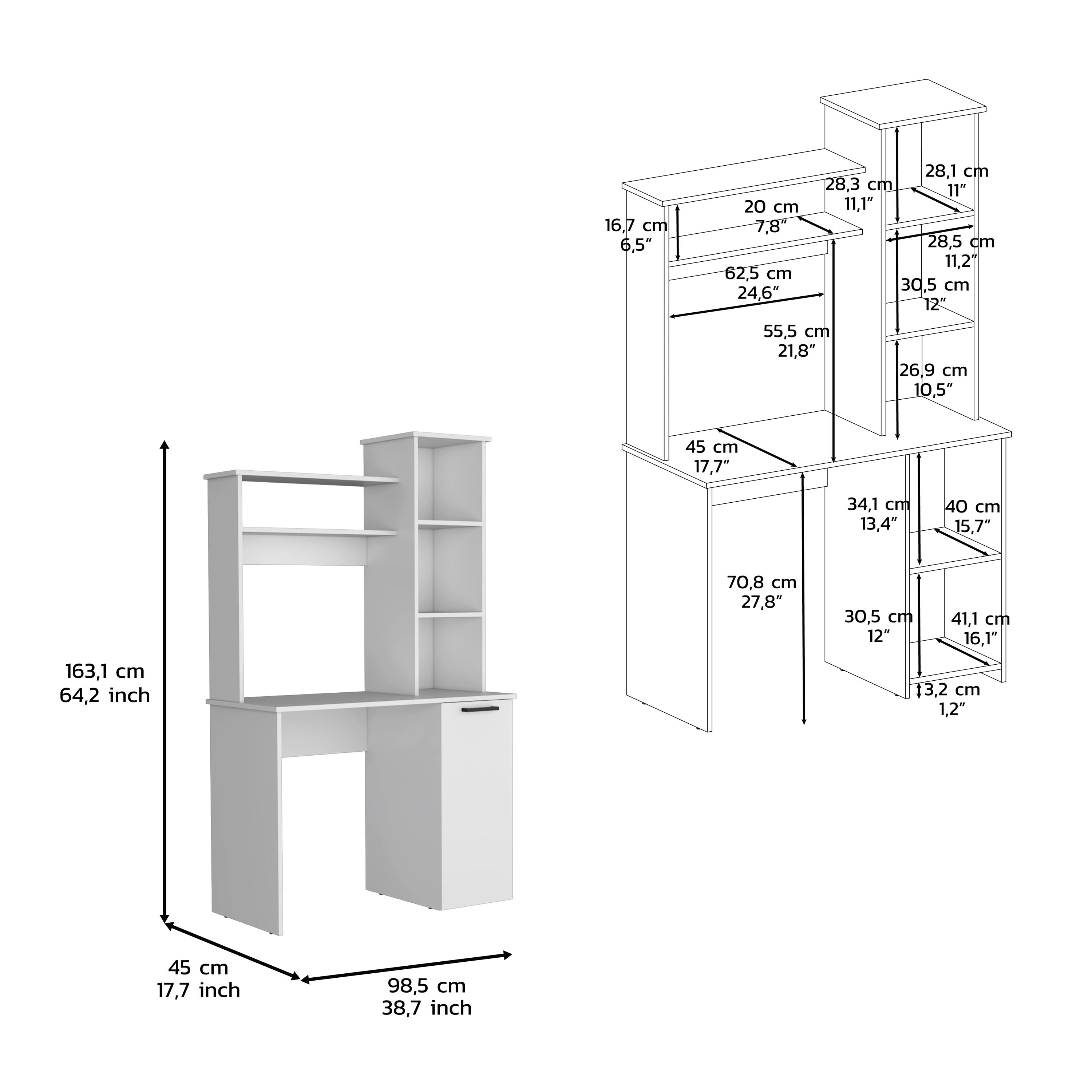 Muncy Computer Desk with Ample Work Surface, Hutch Storage and Single Door Cabinet with 3-Tier Shelves, White - Luciddepo