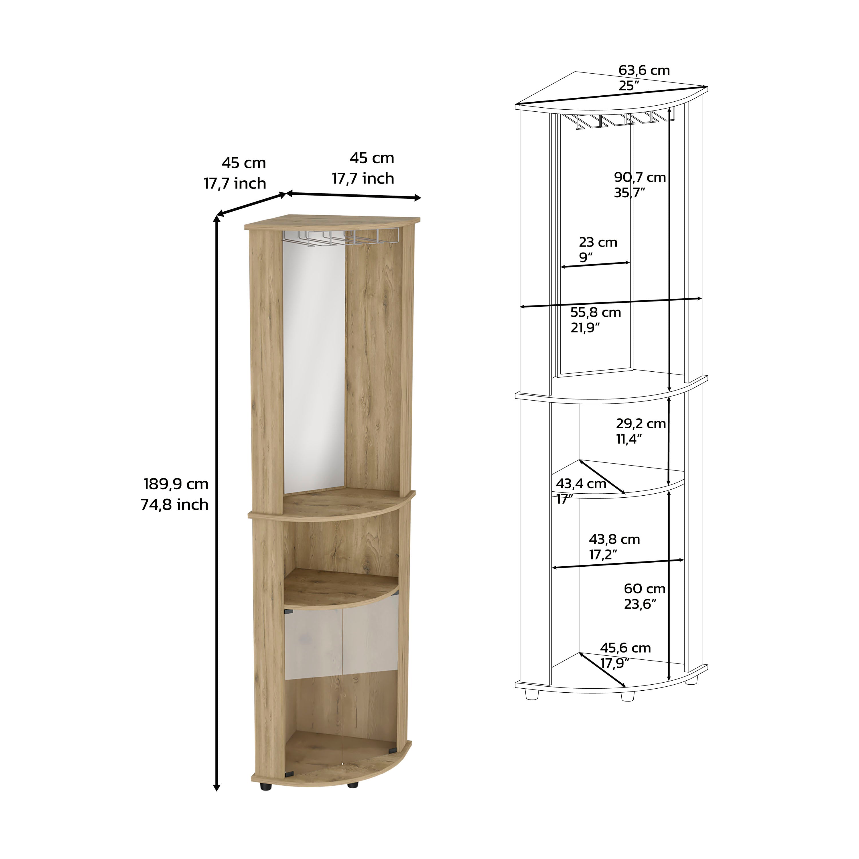 Nashville Corner Bar Cabinet Unit with Wine Glass Rack and Lower Cabinet, Macadamia - Luciddepo