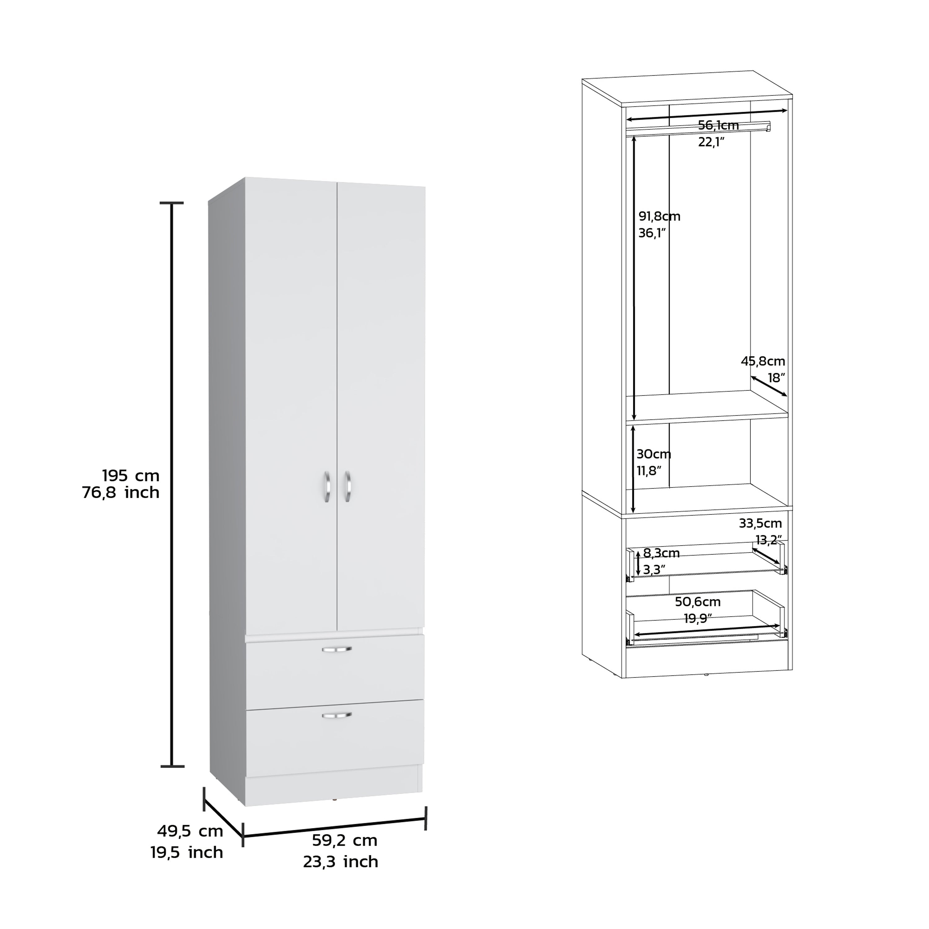 Vico Armoire Wardrove 76" H, Hanging Rod, 2 Drawers, 1 Shelf, White - Luciddepo