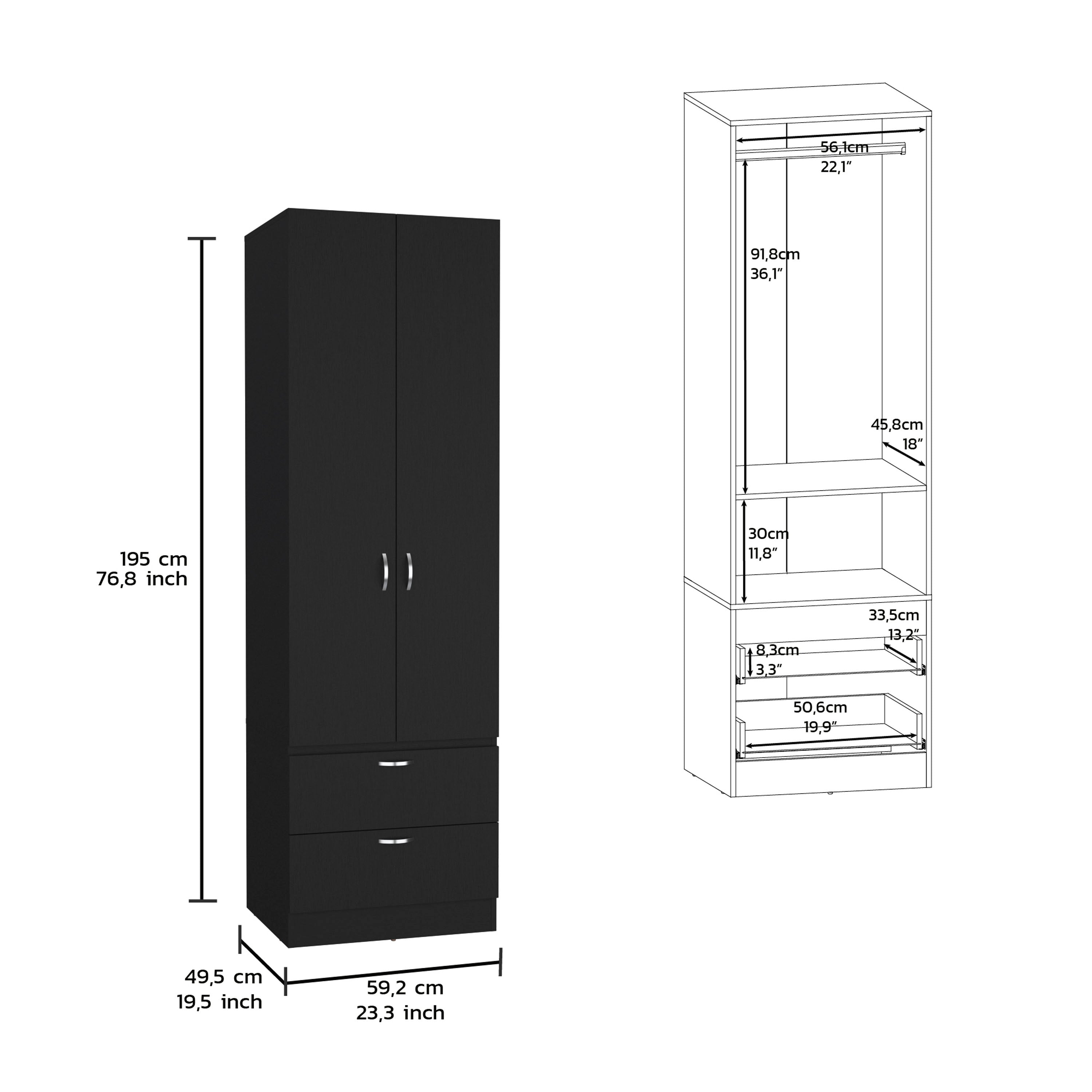 Vico Armoire Wardrove 76" H, Hanging Rod, 2 Drawers, 1 Shelf, Black - Luciddepo