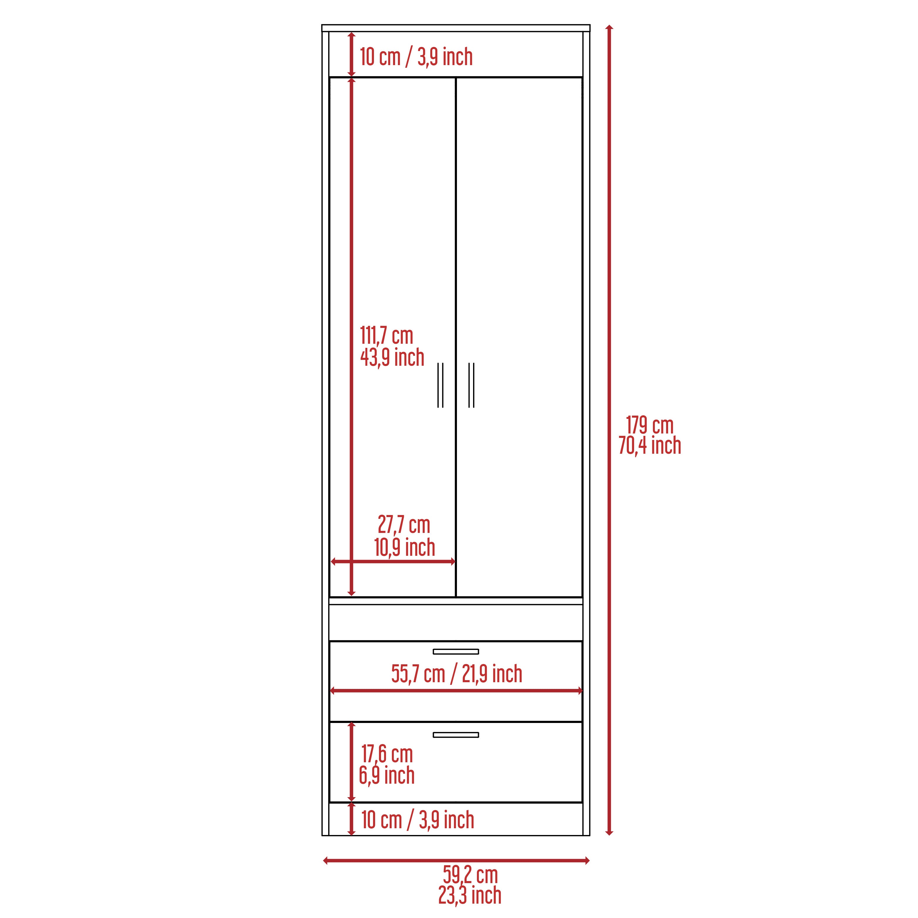 Portugal Armoire, Double Door Cabinet, Two Drawers, Metal Handles, Rod, Light Gray - Luciddepo