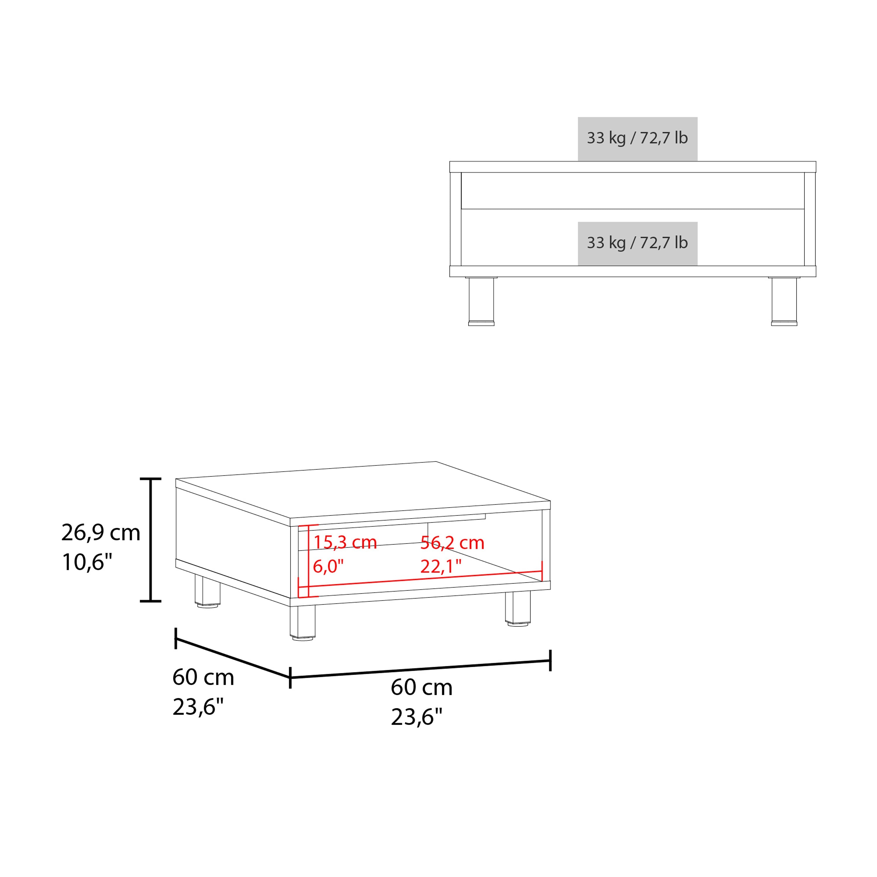 Chiniak Coffee Table, 1 shelf, 4 legs, Black - Luciddepo