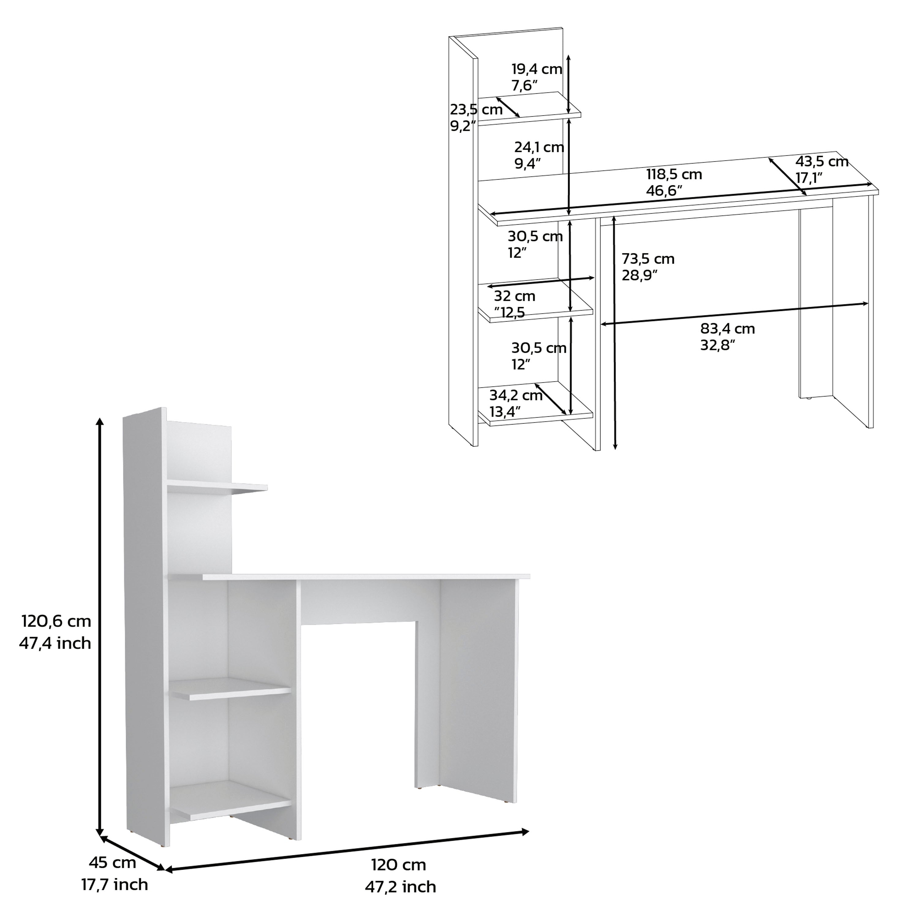 Toronto 120 Writing Desk, Four Shelves, White - Luciddepo