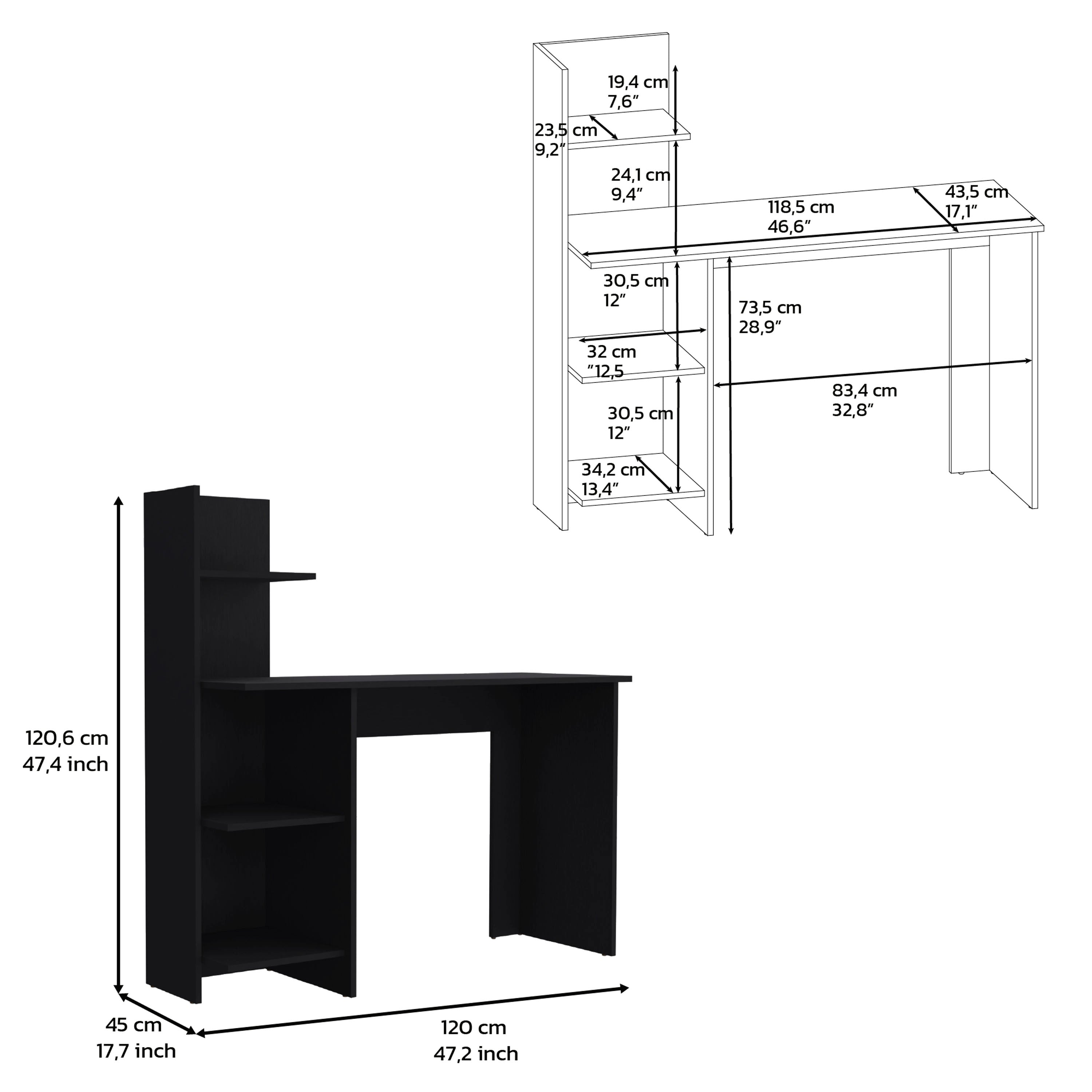 Toronto 120 Writing Desk, Four Shelves, Black - Luciddepo