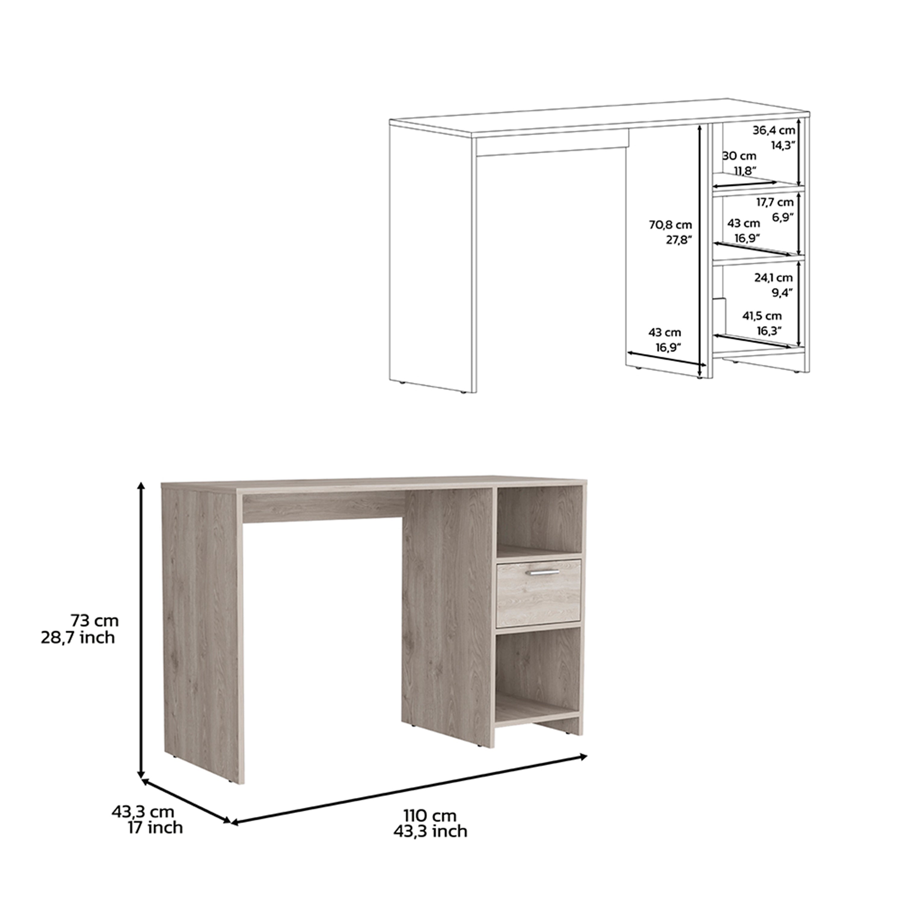 Naxos Computer Desk with 1-Drawer and 2-Open Storage Shelves, Light Gray - Luciddepo