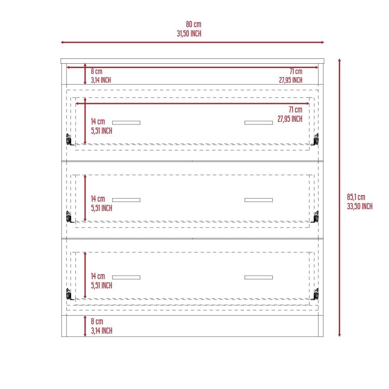 Capri Three Drawer Dresser, Superior Top, Metal Handles, White