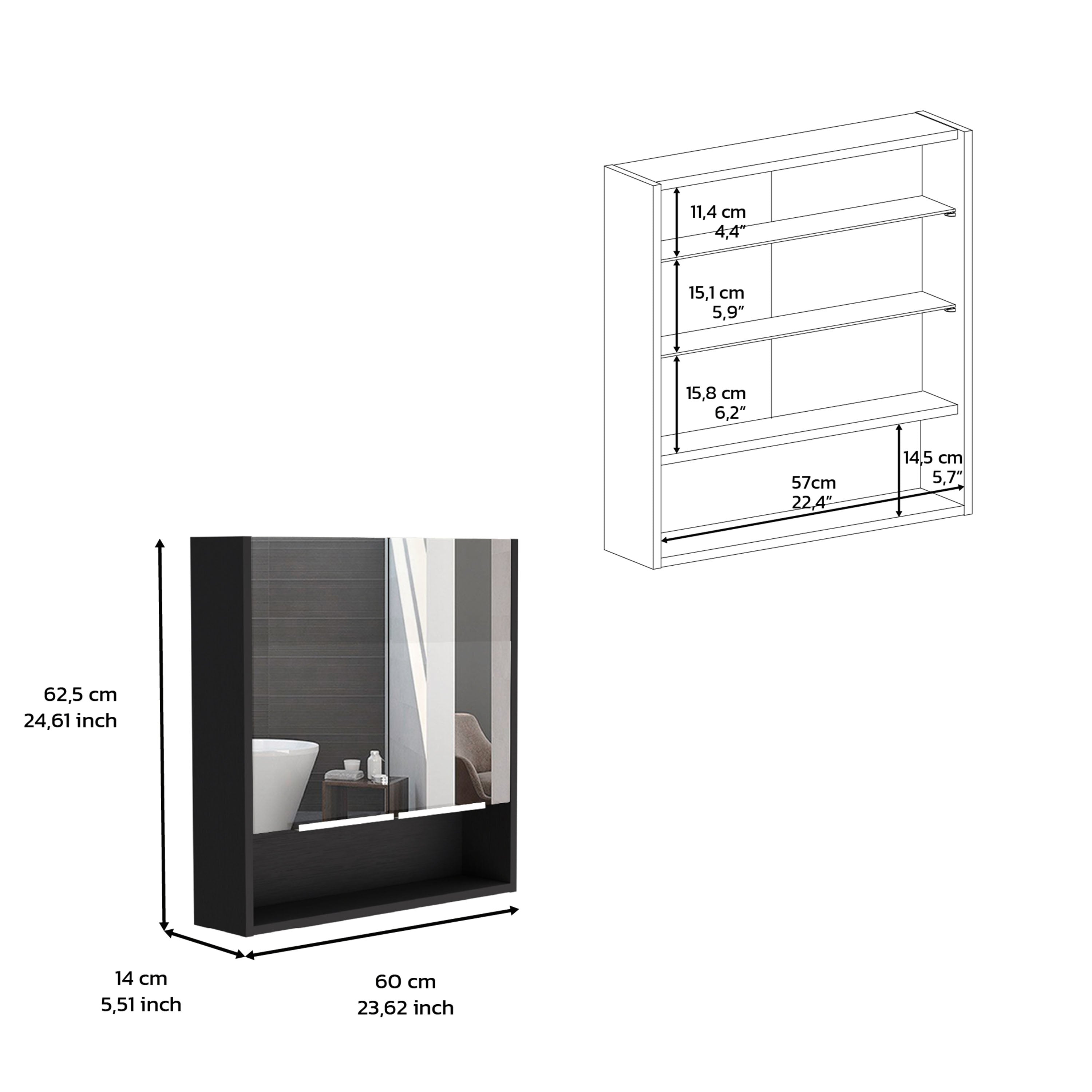 Tatacoa Mirror Medicine Cabinet, One Open Shelf, Three Interior Shelves, Black - Luciddepo