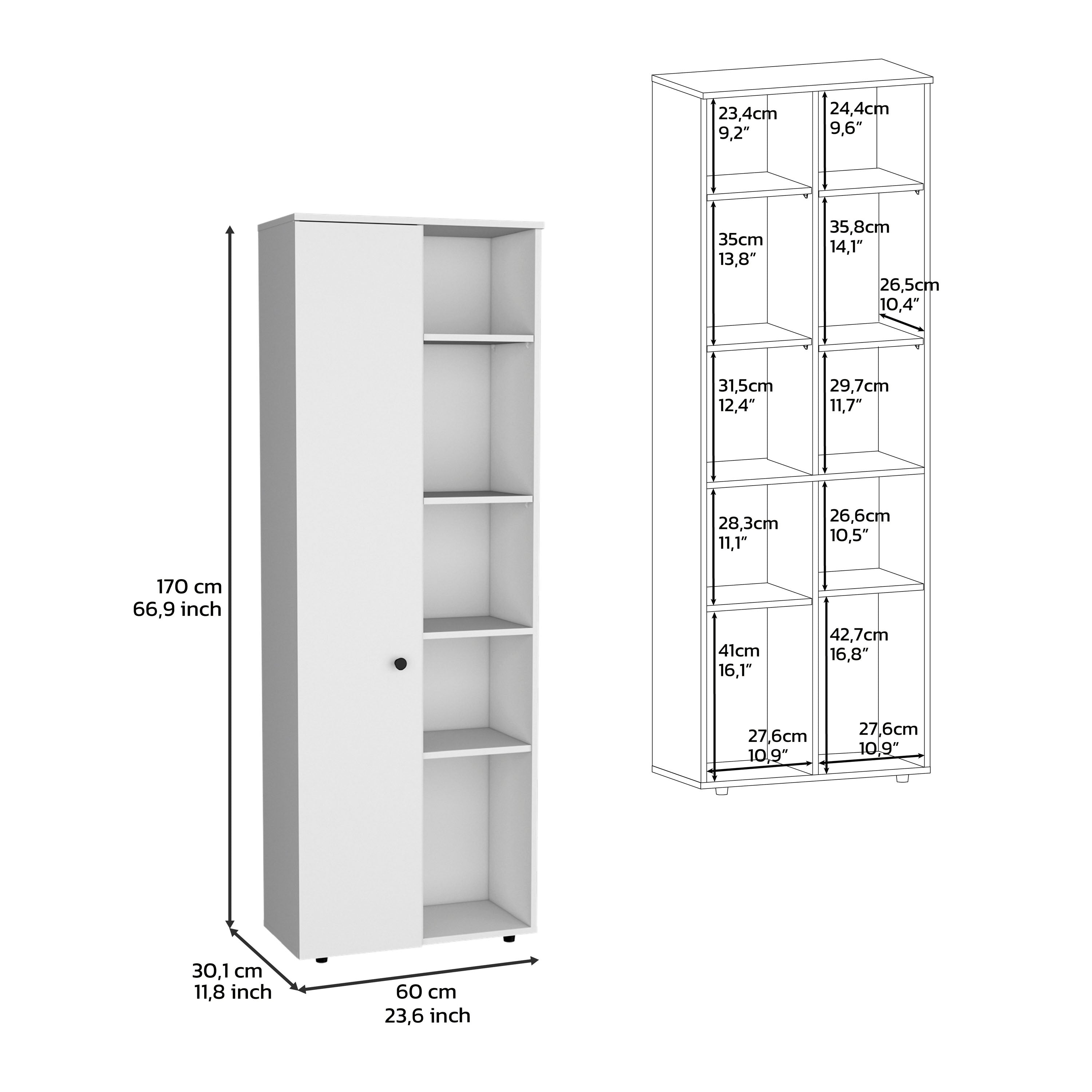Cary 67" H Kitchen Storage Cabinet With One Door, Five Interior Shelves and Five Exterior Shelves,White - Luciddepo