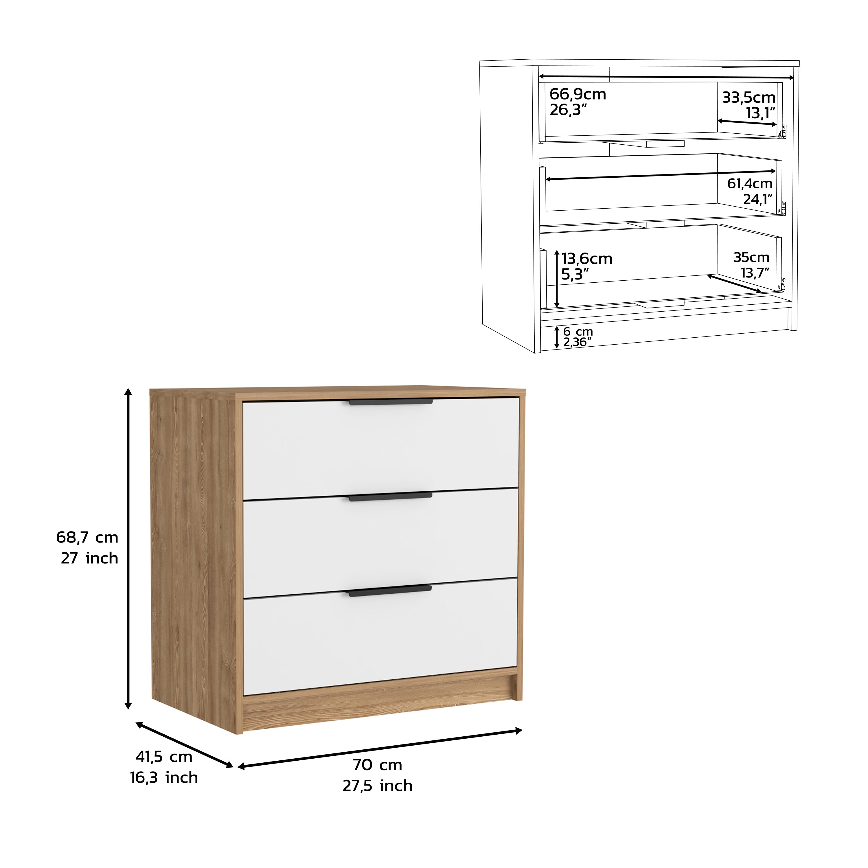 Egeo 3 Drawers Dresser, Superior Top, White / Light Oak - Luciddepo