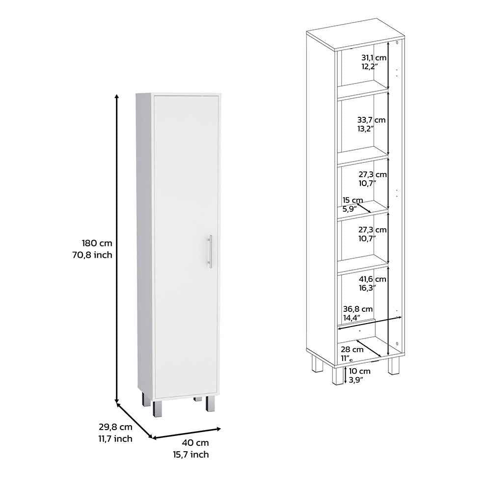Dryden Tall Narrow Storage Cabinet with 5-Tier Shelf and Broom Hangers, White