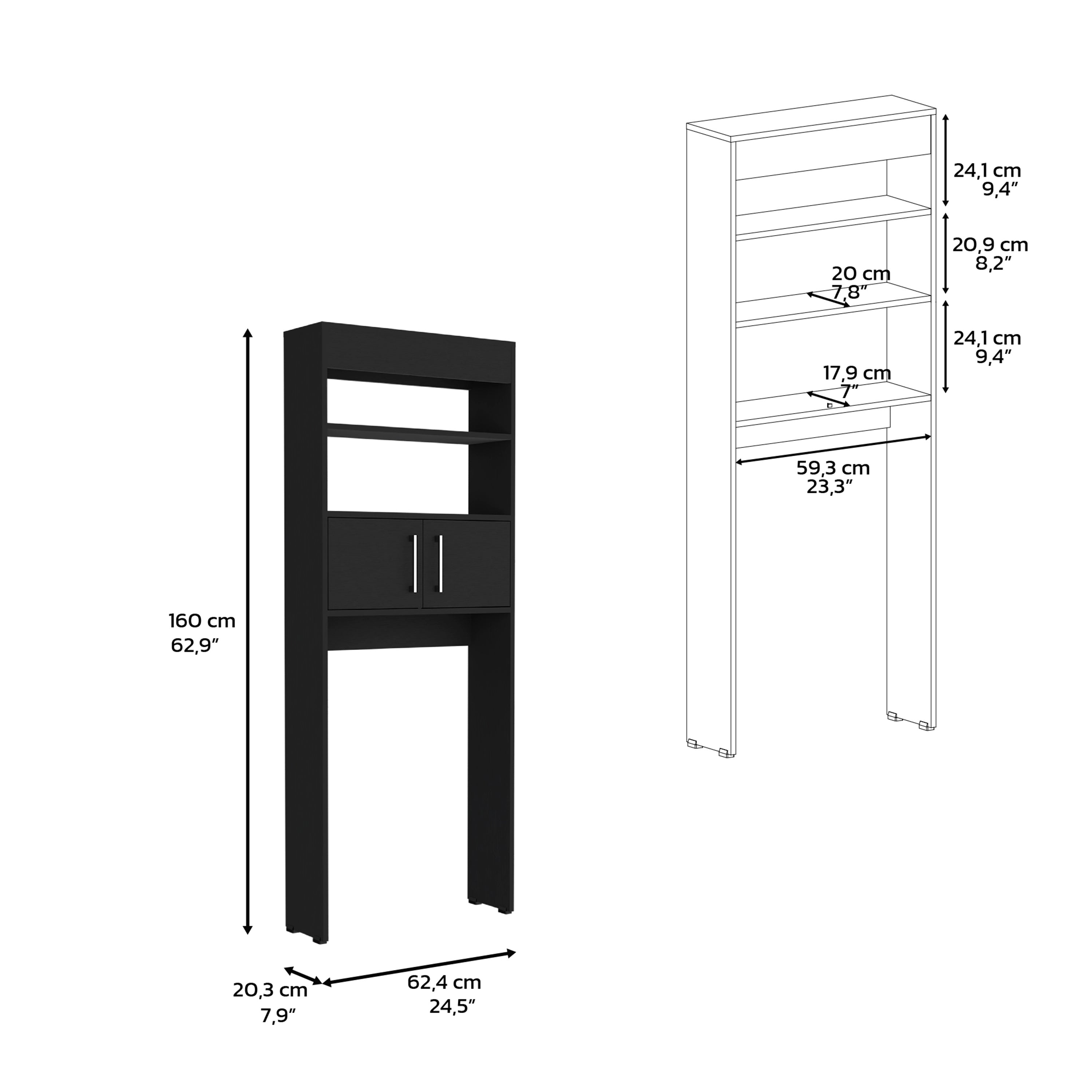 Atlas Over The Toilet Cabinet with Two Shelves and Double Door, Black - Luciddepo