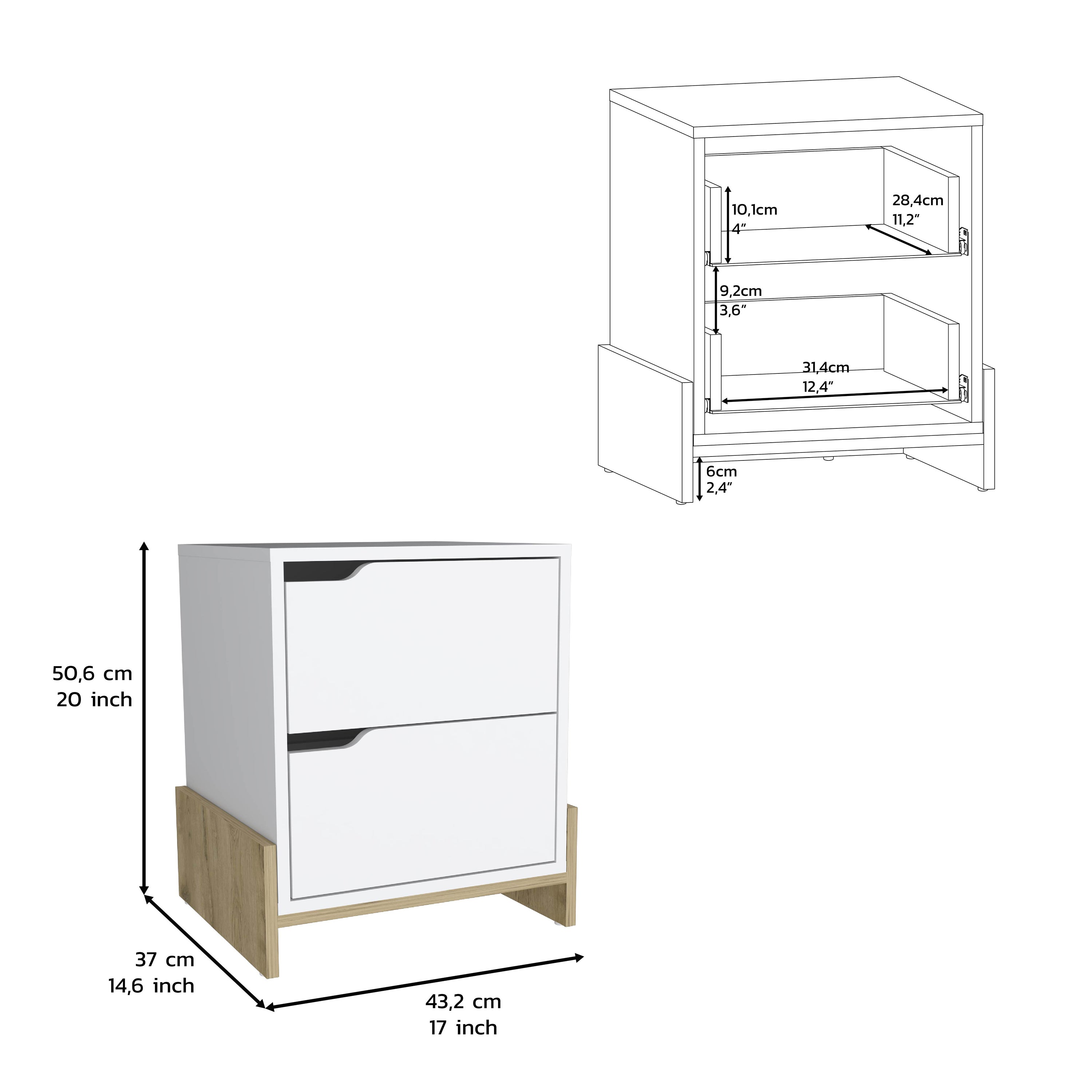 Haines Nightstand with 2-Drawers, End Table with Sturdy Base, White / Macadamia - Luciddepo