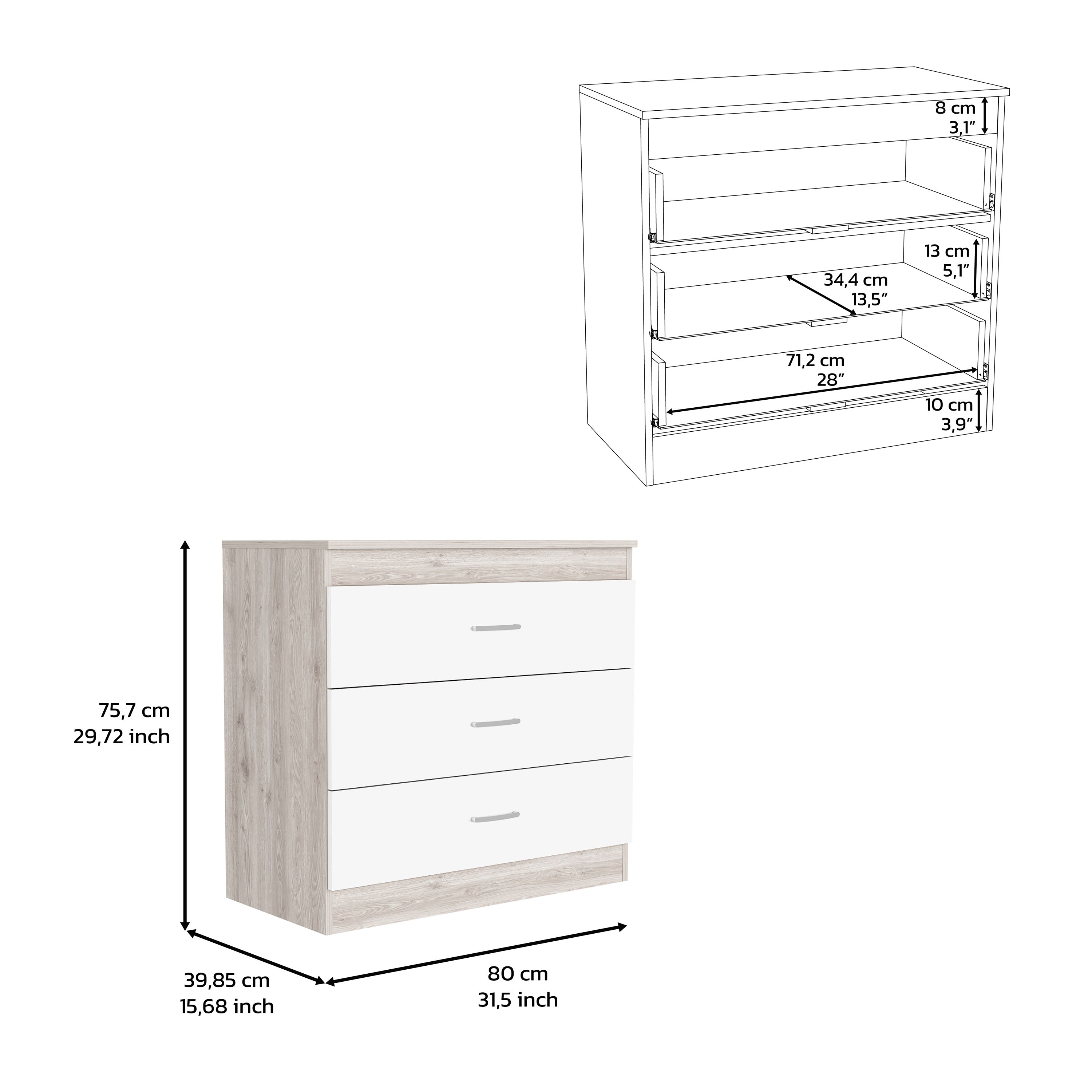 Zurich Three Drawers Dresser, Metal Hardware, Superior Top, Light Gray / White - Luciddepo