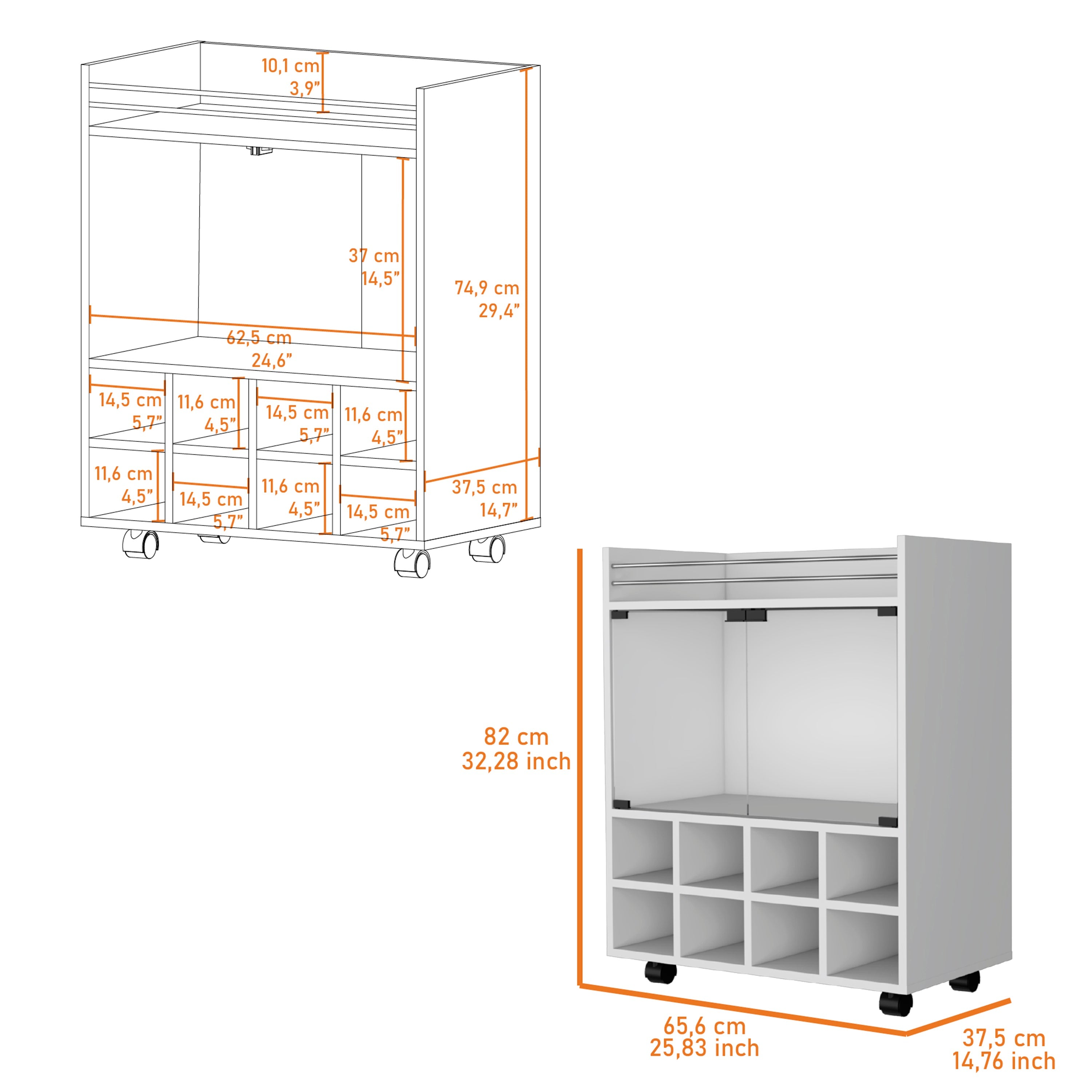 Queens Bar Cart with Signature 8-Bottle Holder, Glass-Paneled Cabinet and Aluminum-Touched Top, White - Luciddepo