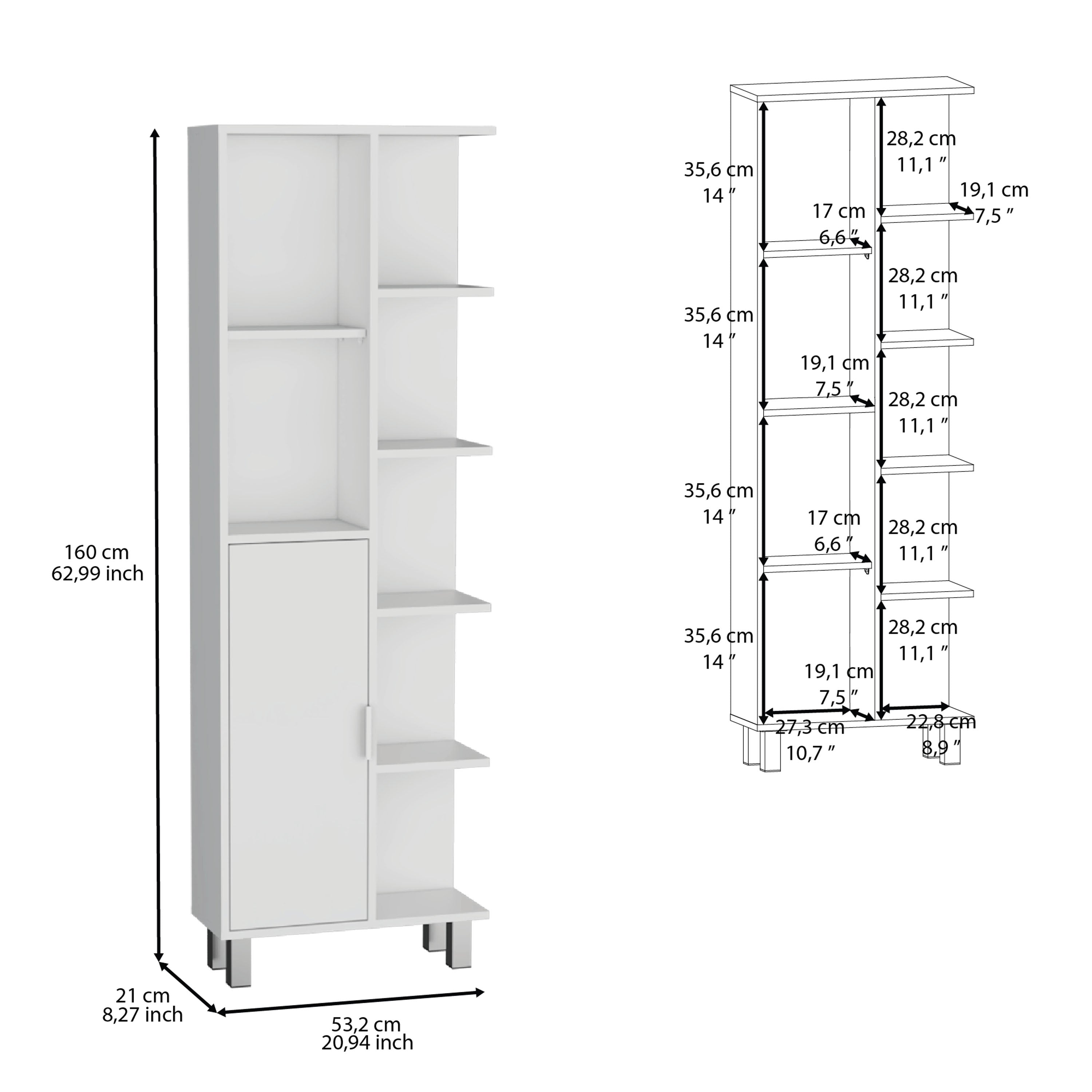 Mott 63" H Linen Bathroom Cabinet with Seven Open Shelves, One Drawer and four legs,White - Luciddepo