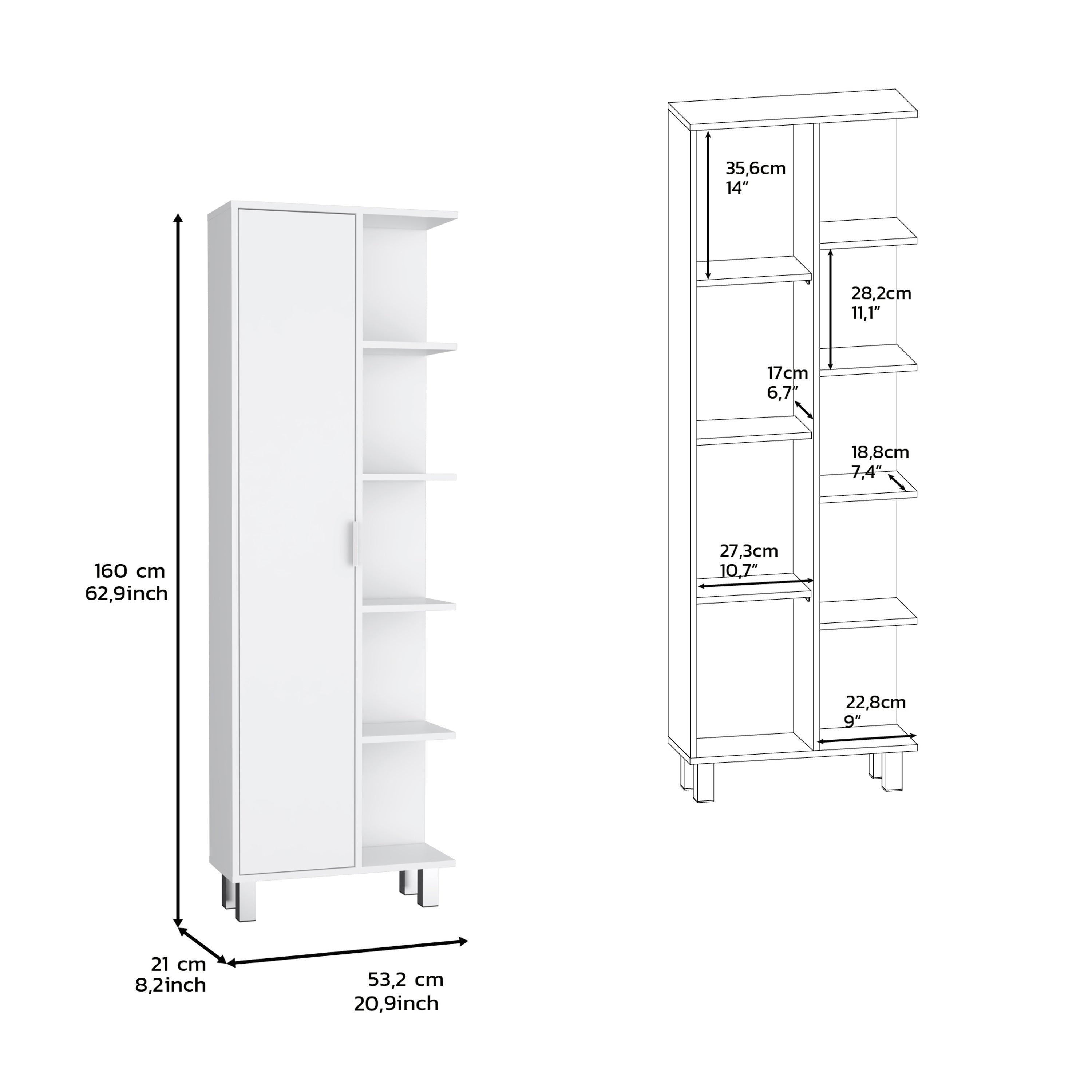 Keller 63" H Linen Cabinet, with 1 door and 9 shelves, White - Luciddepo