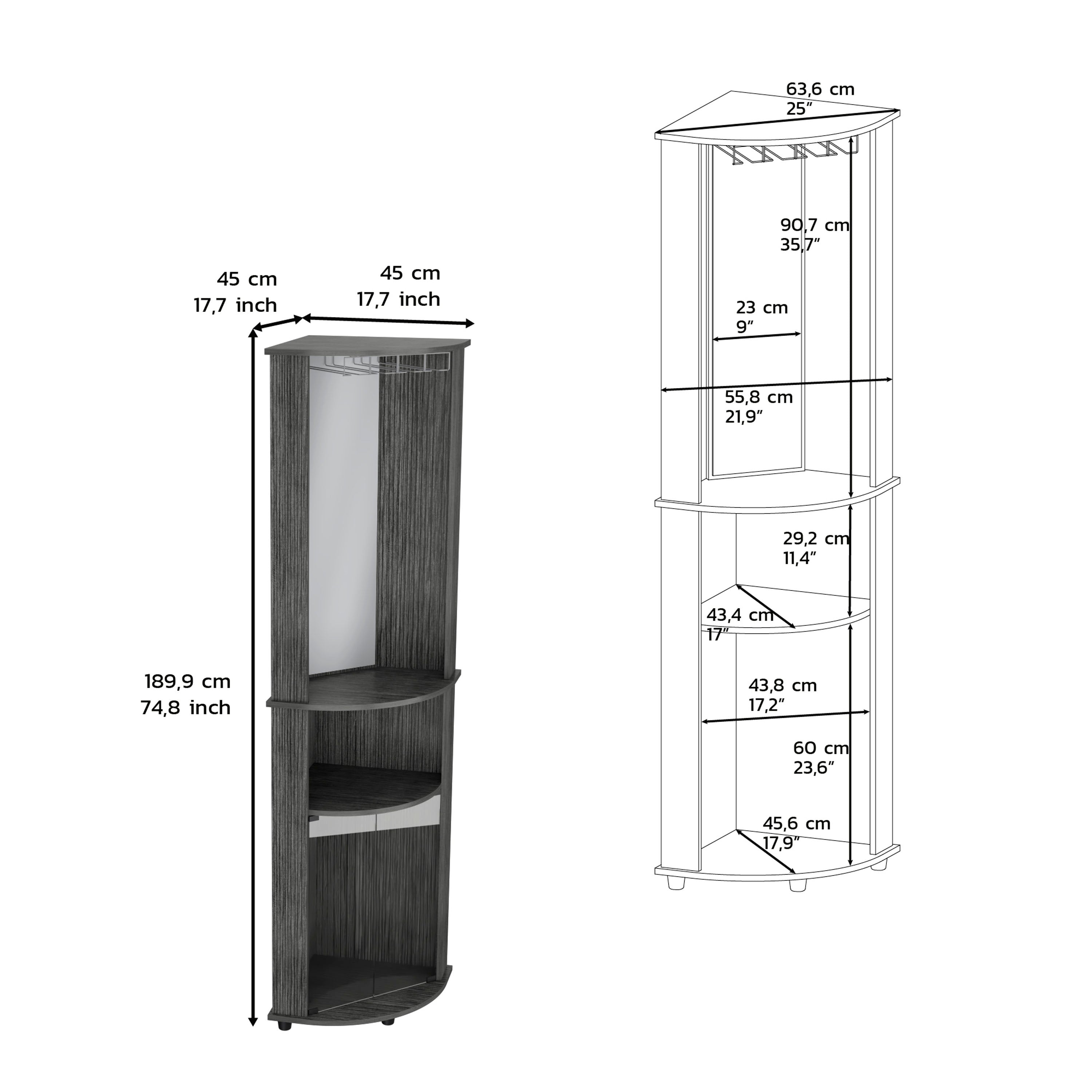 Nashville Corner Bar Cabinet Unit with Wine Glass Rack and Lower Cabinet, Smokey Oak - Luciddepo