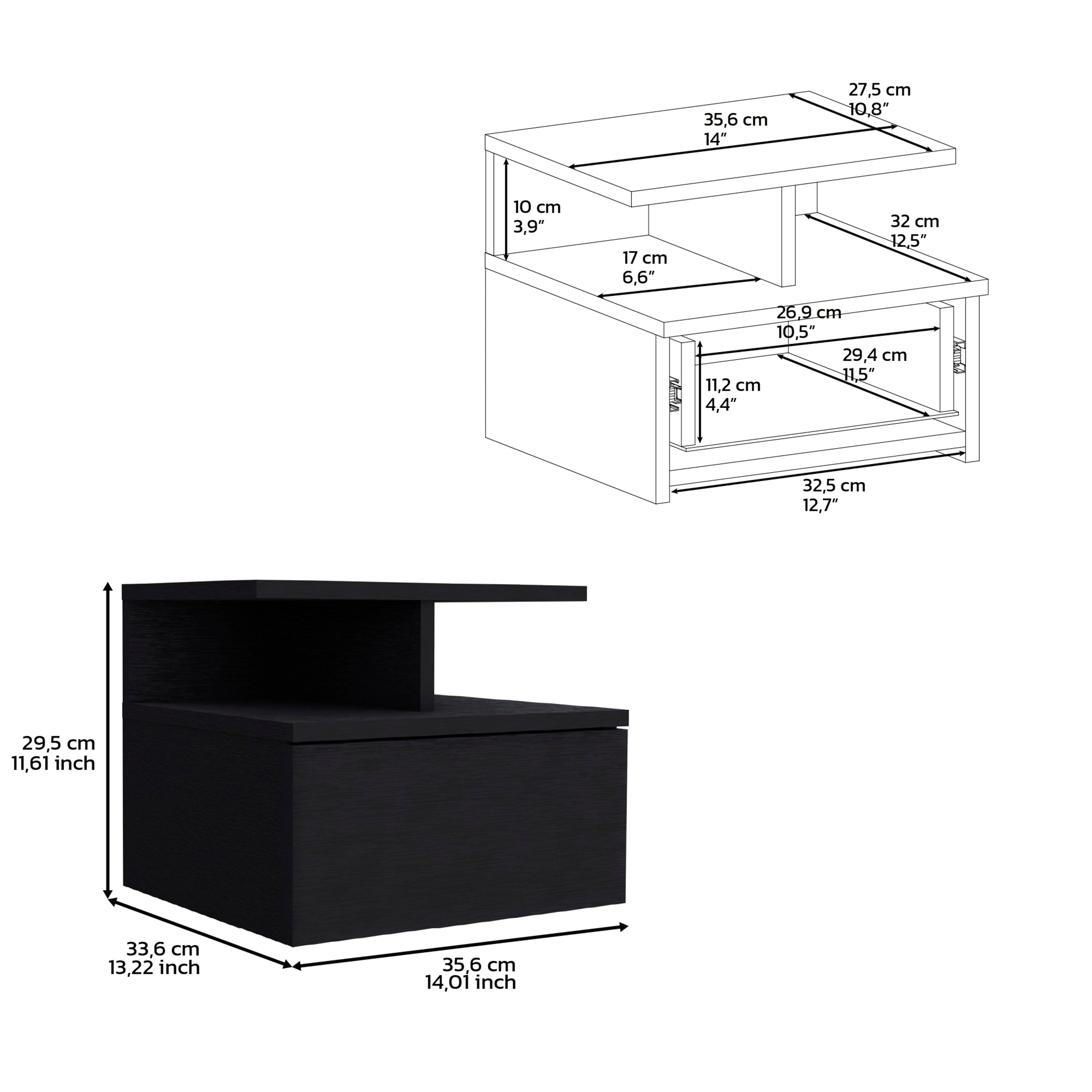 Seward Floating Nightstand, Wall Mounted with Single Drawer and 2-Tier Shelf, Black - Luciddepo