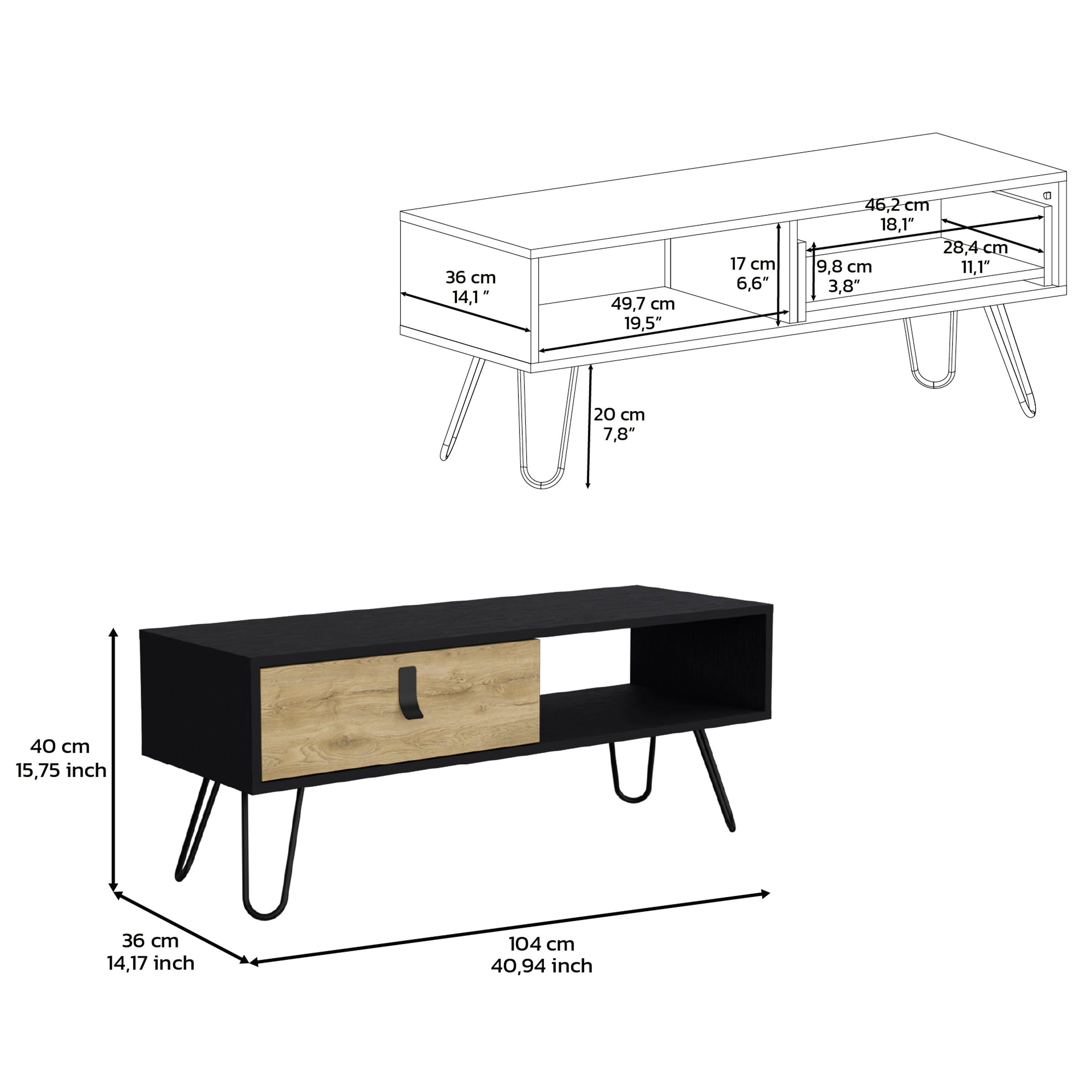 Mosby Coffee Table with Modern Hairpin Legs Design and Drawer, Black / Macadamia - Luciddepo
