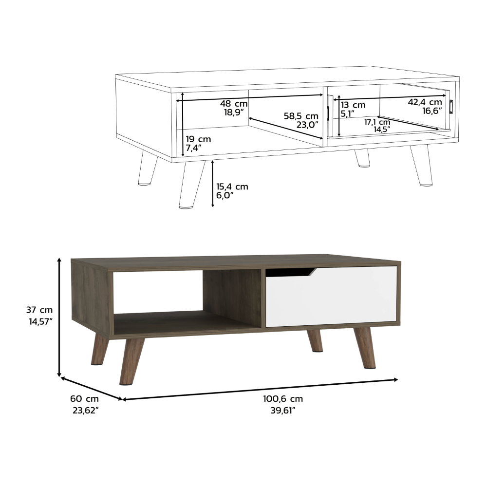 Kobe Coffee Table 2.0 , One Open Shelf, One Drawer, Dark Brown/White - Luciddepo