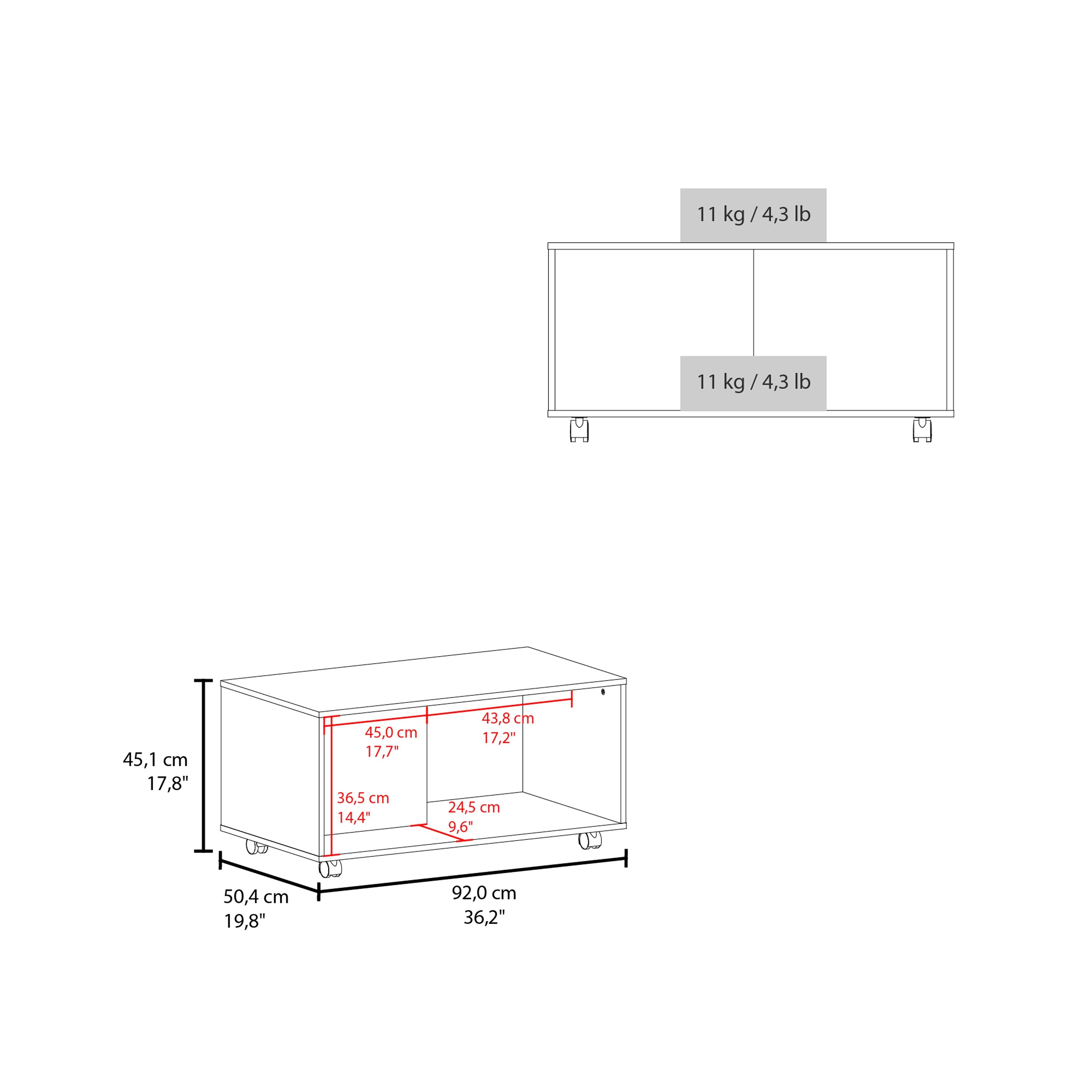 Denton Coffee Table, 4 Wheels, 1 Shelf, Black - Luciddepo