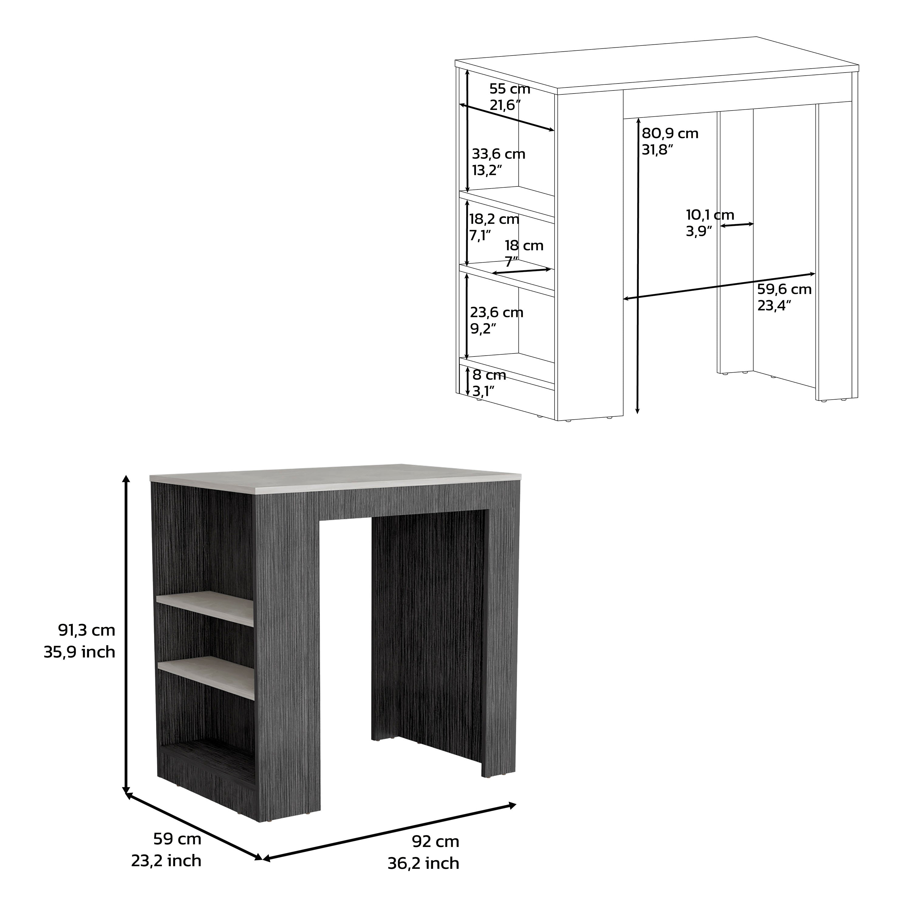 Lacour Kitchen Island, Kitchen Bar Table with 3-Side Shelves, Smokey Oak / Ibiza Marble Color Finish - Luciddepo