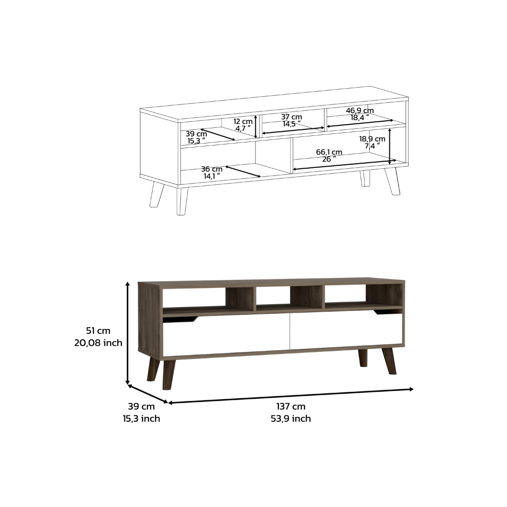 Kobe Tv Stand for TV´s up 52", Three Open Shelves, Two Flexible Drawers, Dark Walnut / White - Luciddepo