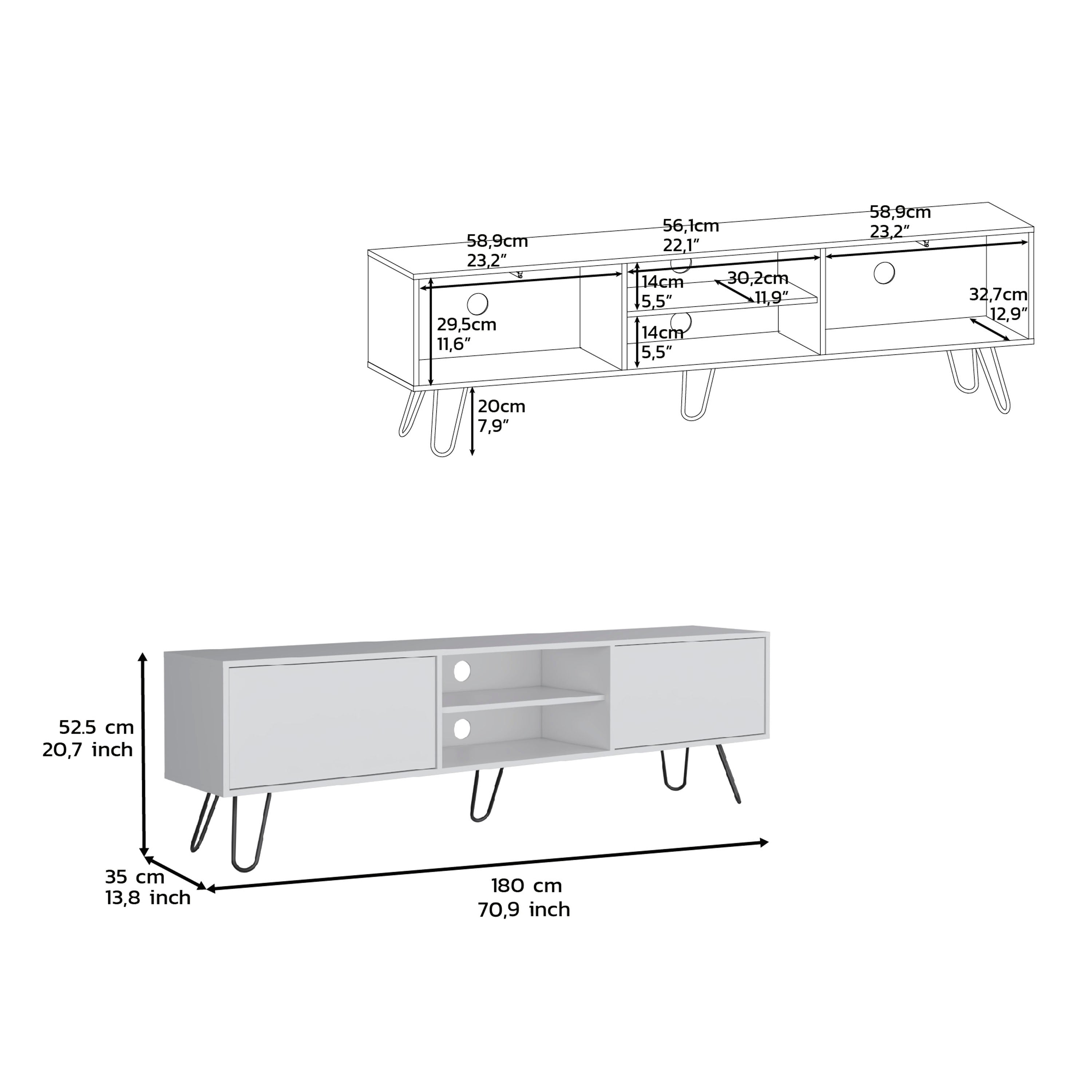 Waco TV Rack, Hairpin Stand with Spacious Storage and Cable Management Holes, White - Luciddepo