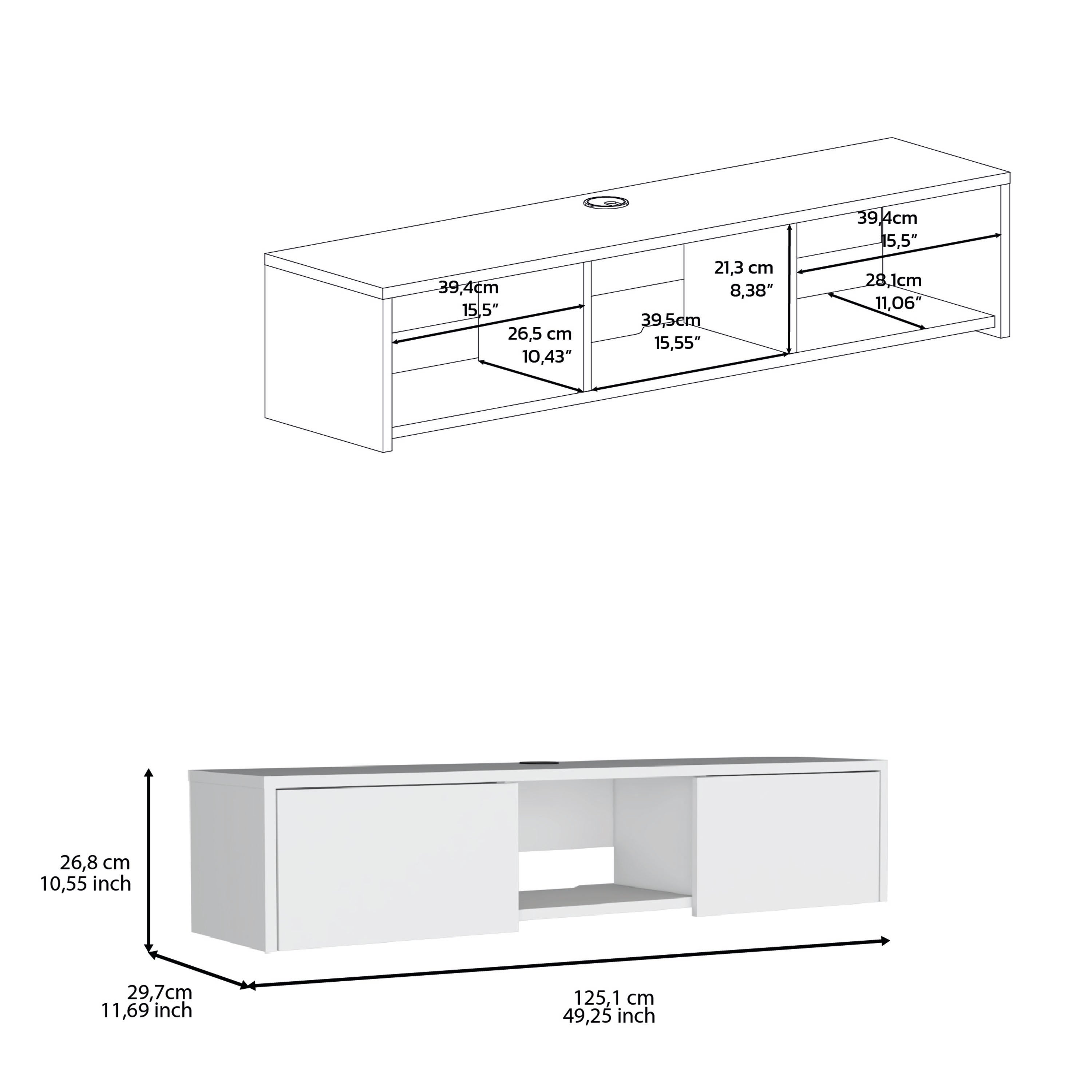 Adel Floating TV Stand, Sleek Wall-Mounted Console with 2-Doors, White - Luciddepo