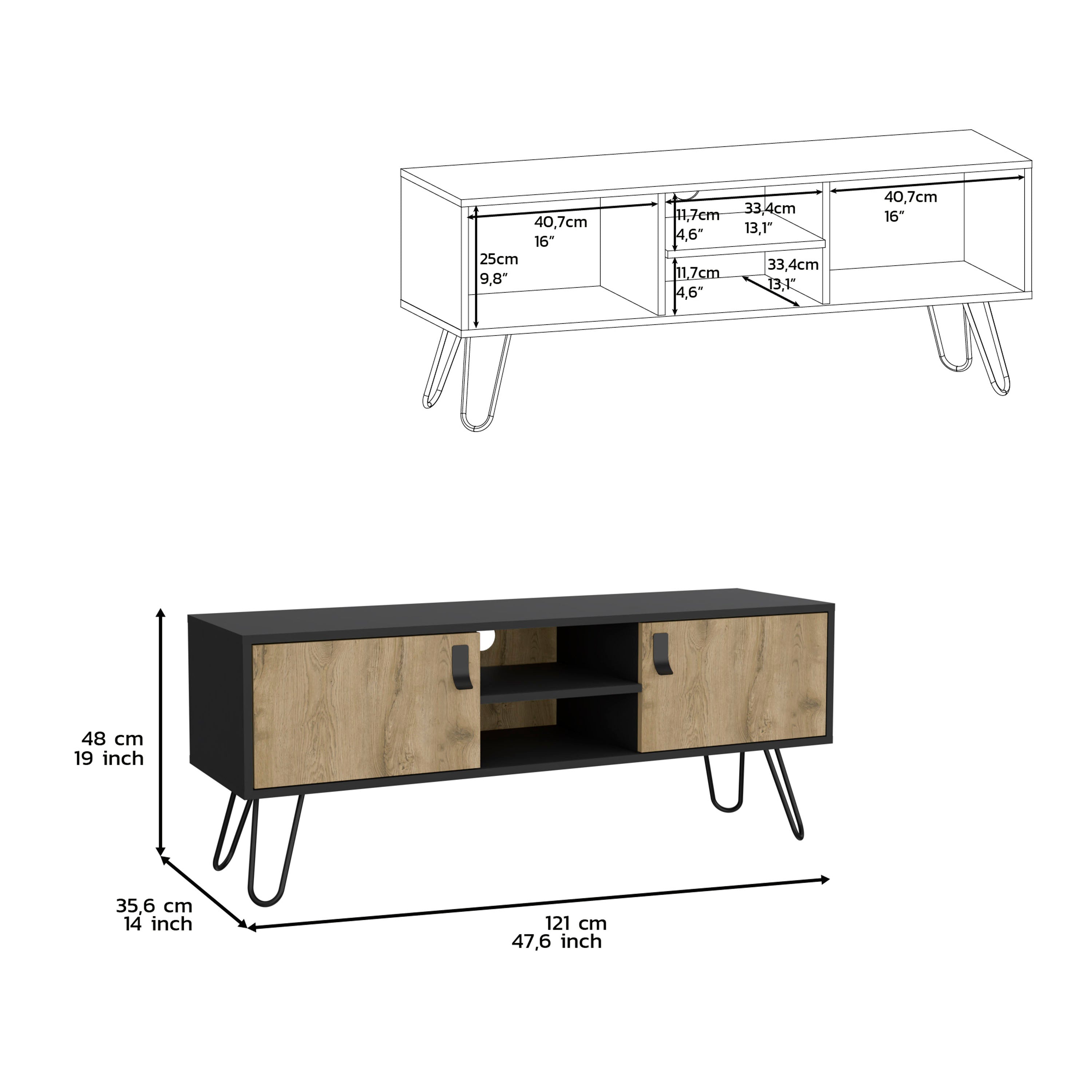 Toka TV Stand with 4 Shelves, 2 Doors and 4 Legs, Black/Macadamia - Luciddepo