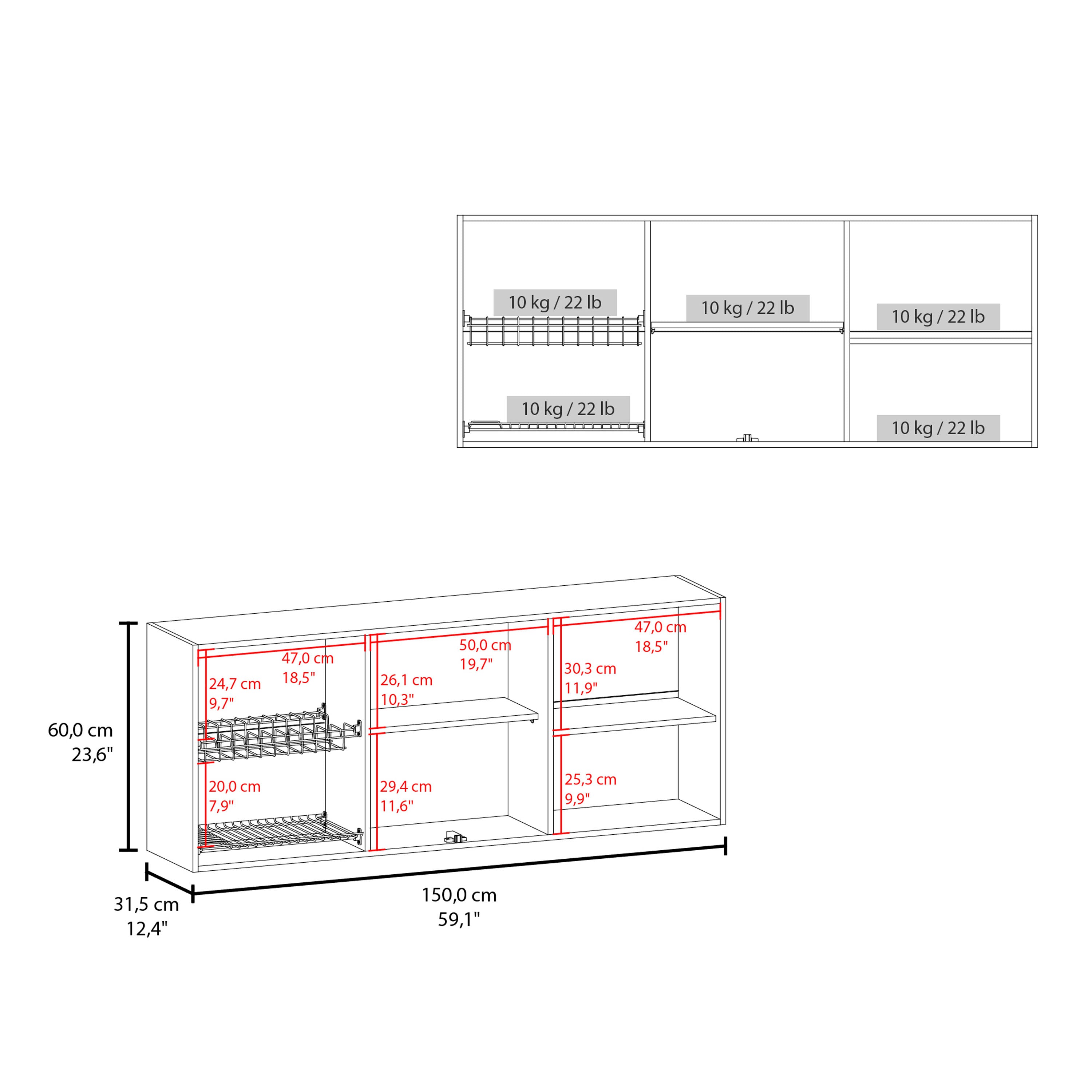 Oceana 150 Wall Cabinet with Four Doors, Two Internal Shelves, Internal Plate and Glass Organizer, Two Storage Shelves with Two Glass Doors, Natural Oak - Luciddepo