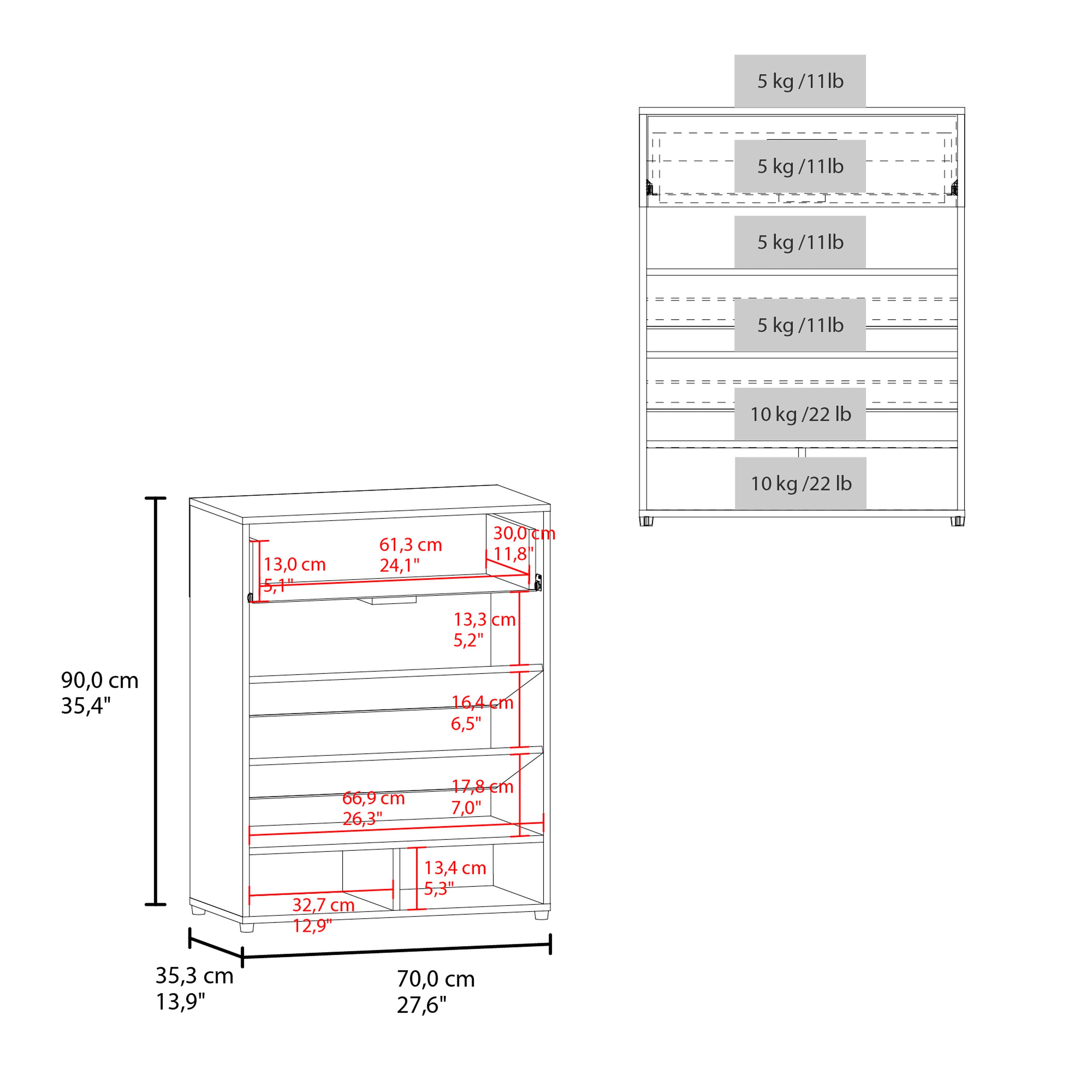 Kearns Shoe Rack, 1 Door, 4 Legs, 5 Shelves, White - Luciddepo