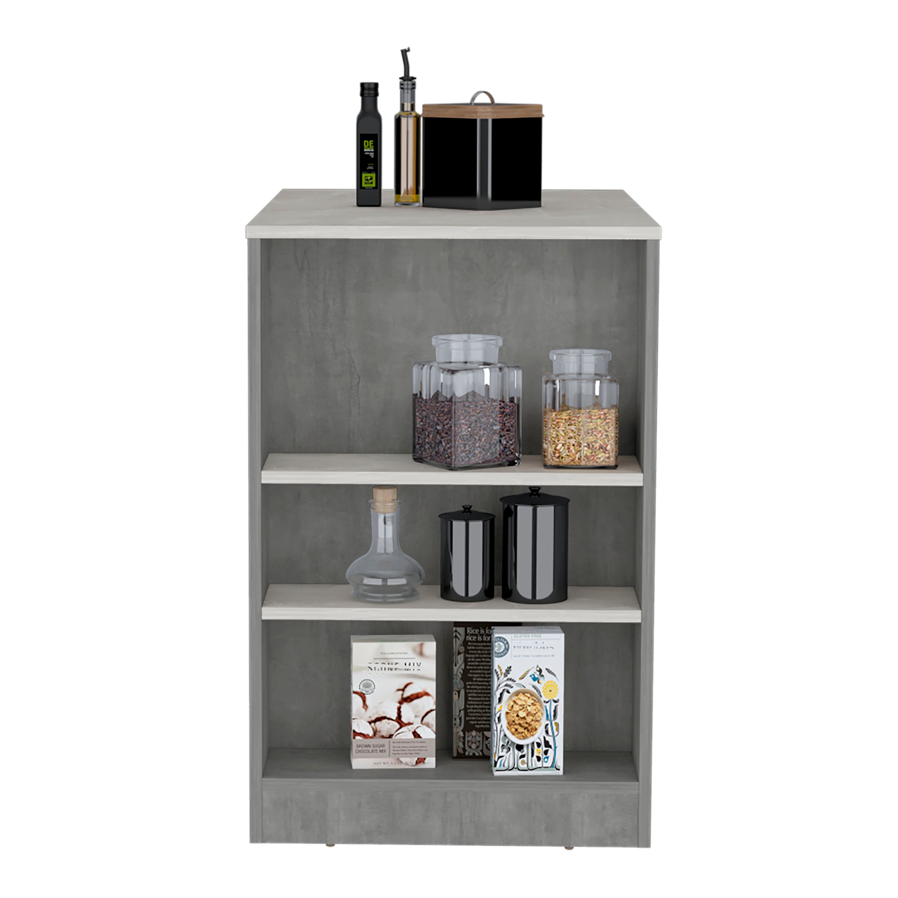 Lacour Kitchen Island, Kitchen Bar Table with 3-Side Shelves, Concrete Gray / Ibiza Marble Color Finish - Luciddepo