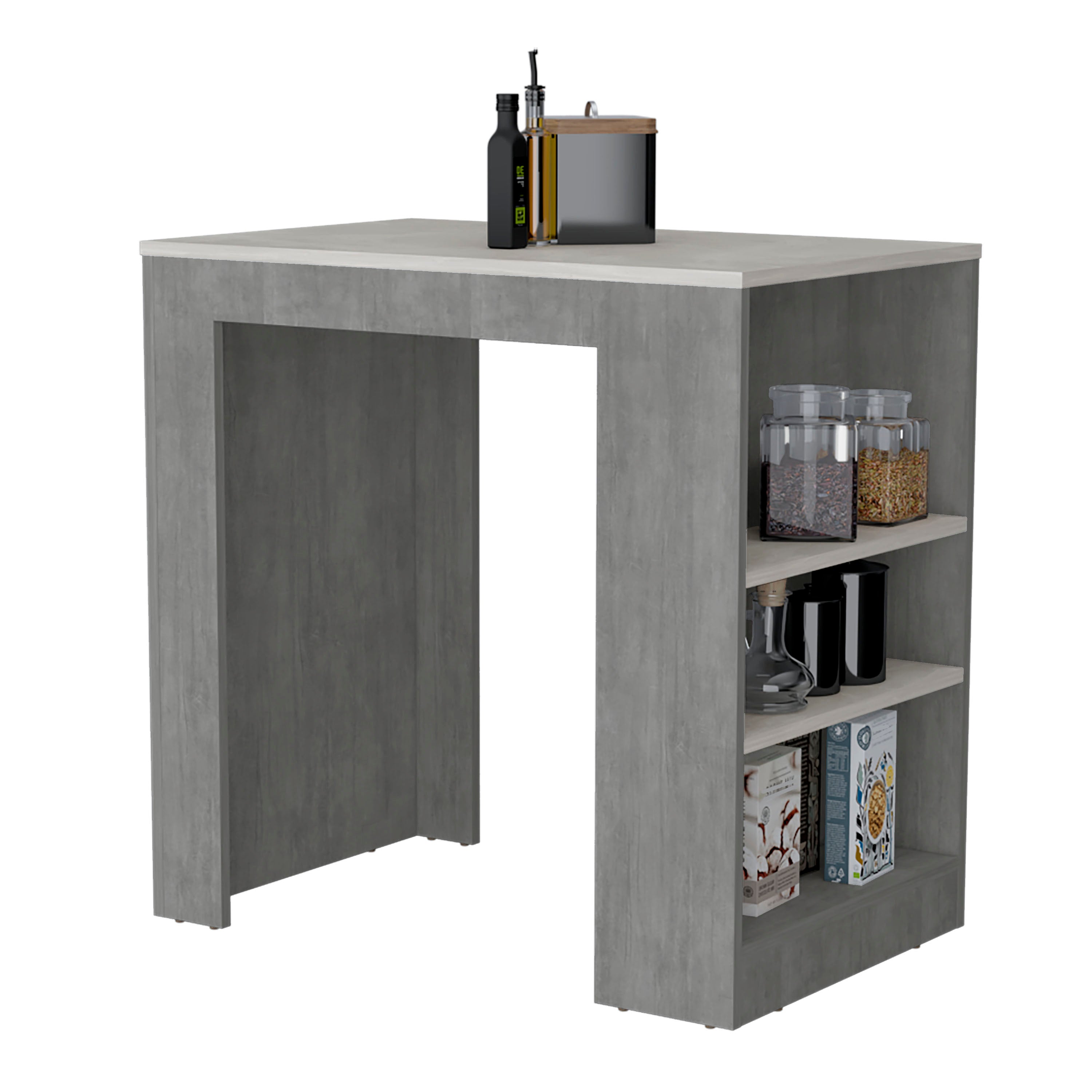 Lacour Kitchen Island, Kitchen Bar Table with 3-Side Shelves, Concrete Gray / Ibiza Marble Color Finish - Luciddepo