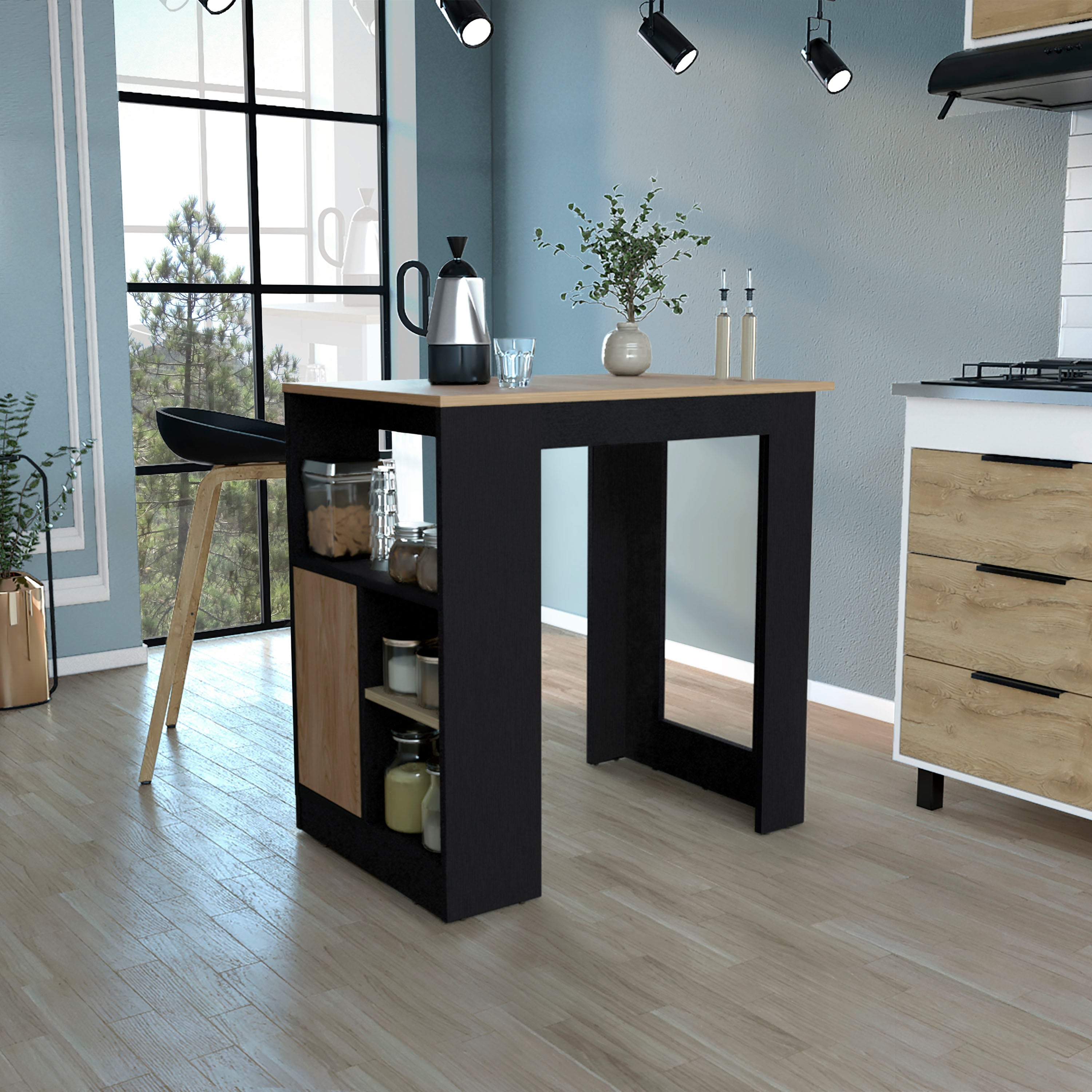 Masset Kitchen Island with Side Shelves and Push-to-Open Cabinet,  Black / Natural Oak - Luciddepo