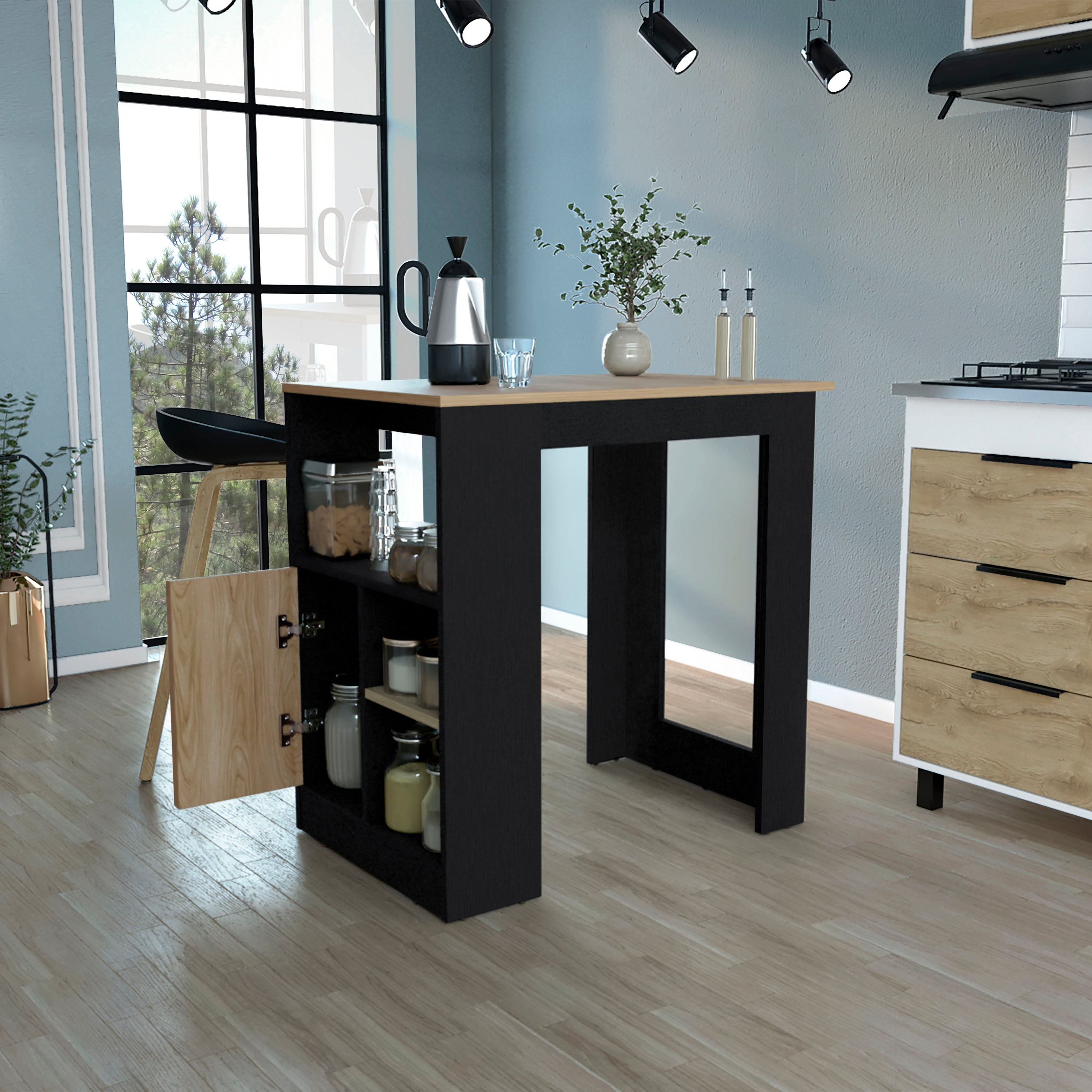 Masset Kitchen Island with Side Shelves and Push-to-Open Cabinet,  Black / Natural Oak - Luciddepo