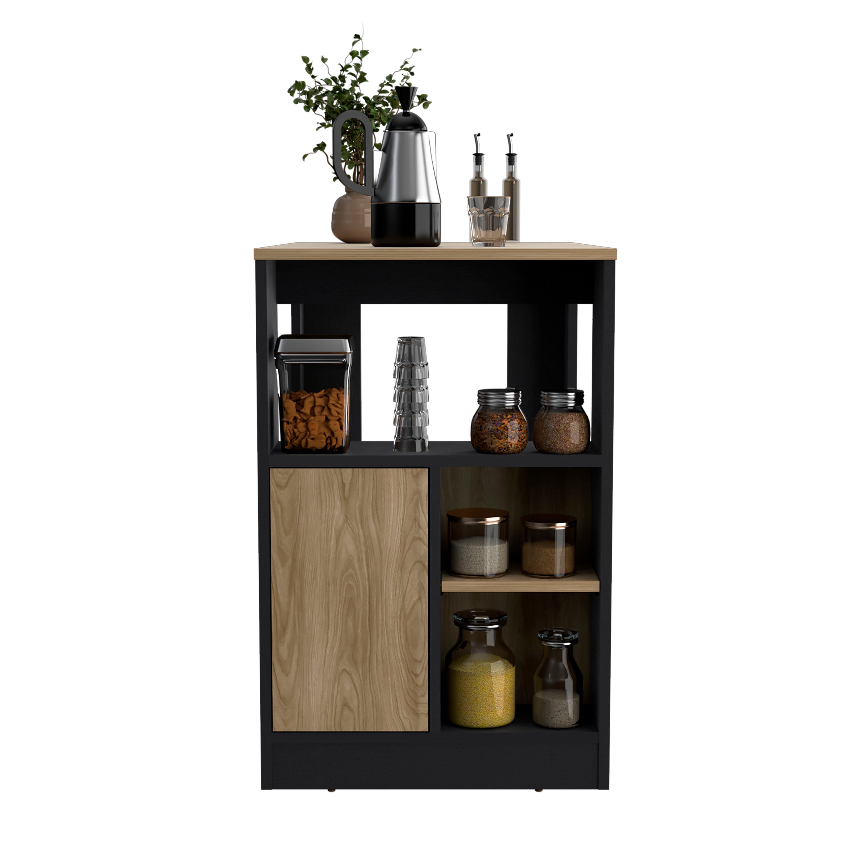 Masset Kitchen Island with Side Shelves and Push-to-Open Cabinet,  Black / Natural Oak - Luciddepo