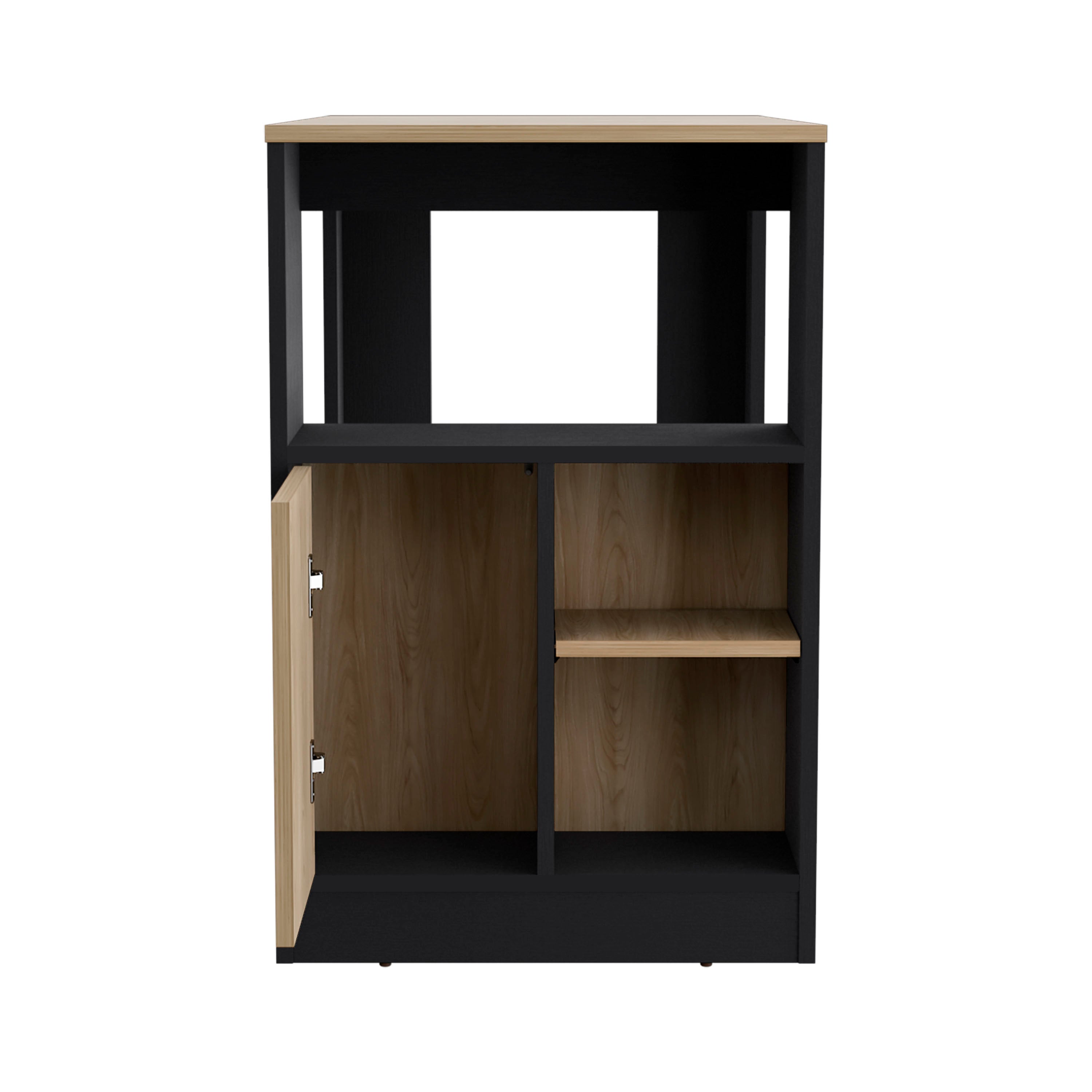 Masset Kitchen Island with Side Shelves and Push-to-Open Cabinet,  Black / Natural Oak - Luciddepo