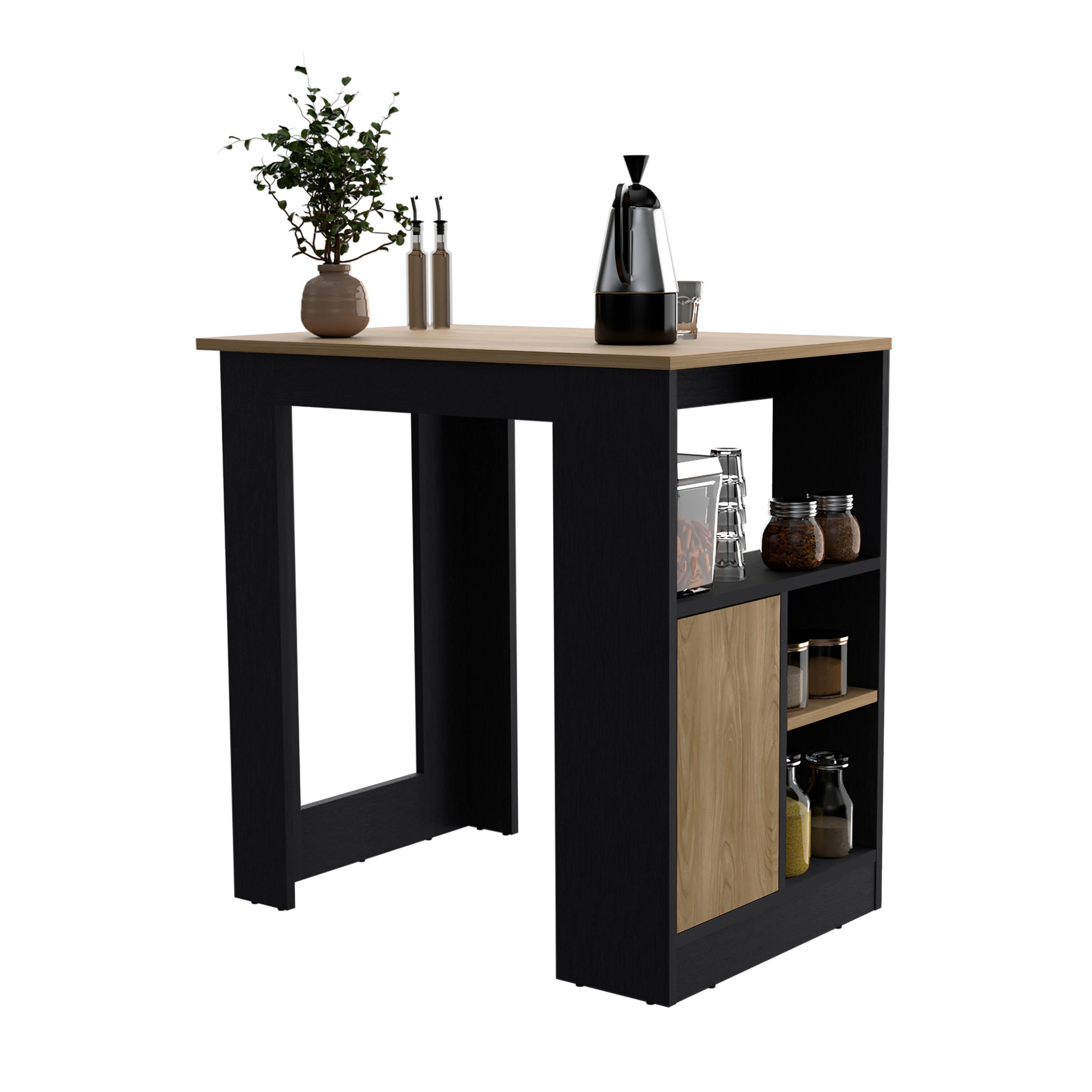 Masset Kitchen Island with Side Shelves and Push-to-Open Cabinet,  Black / Natural Oak - Luciddepo