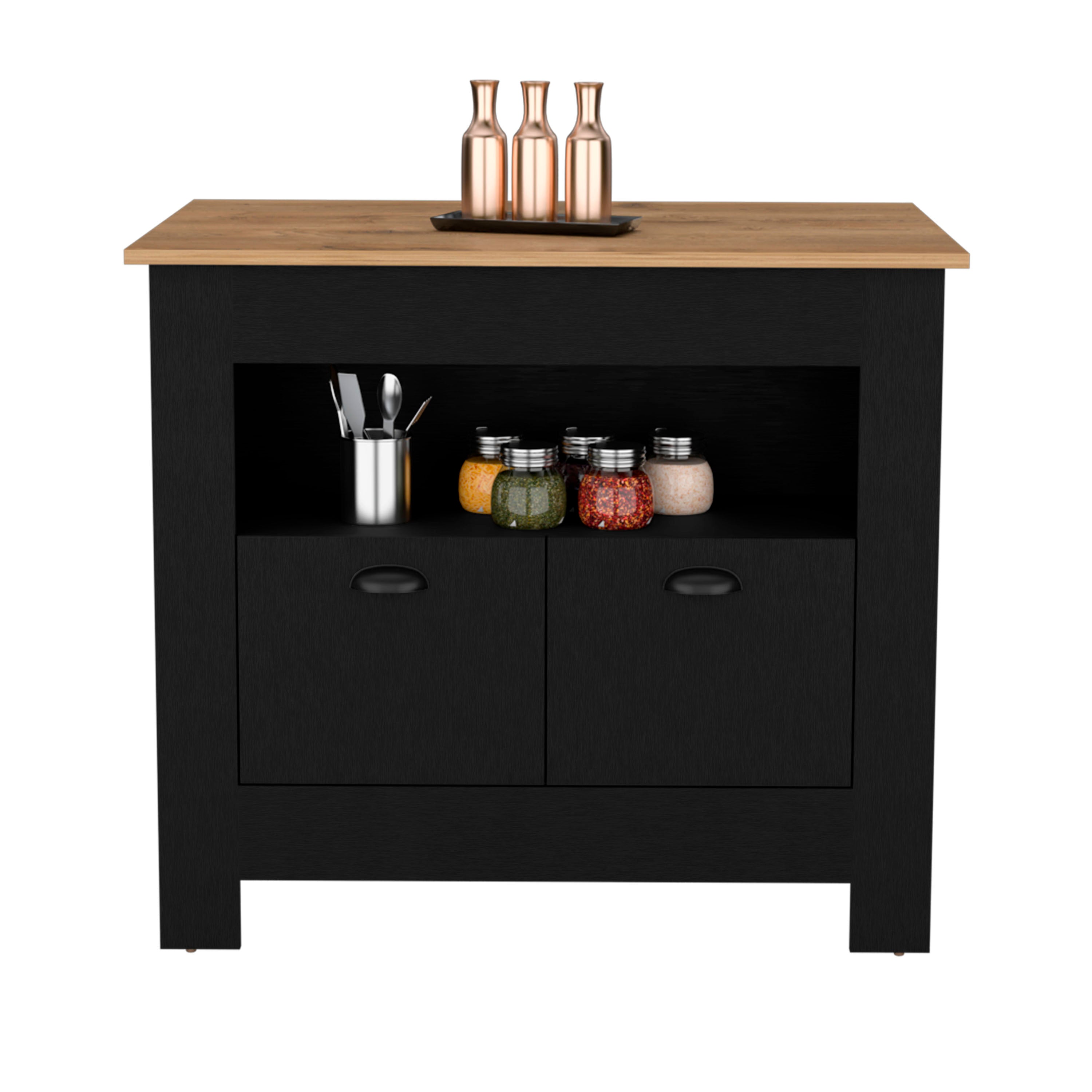 Floyd 35" H Kitchen Island, whit  2 doors, 3 shelves, Black/Macadamia - Luciddepo