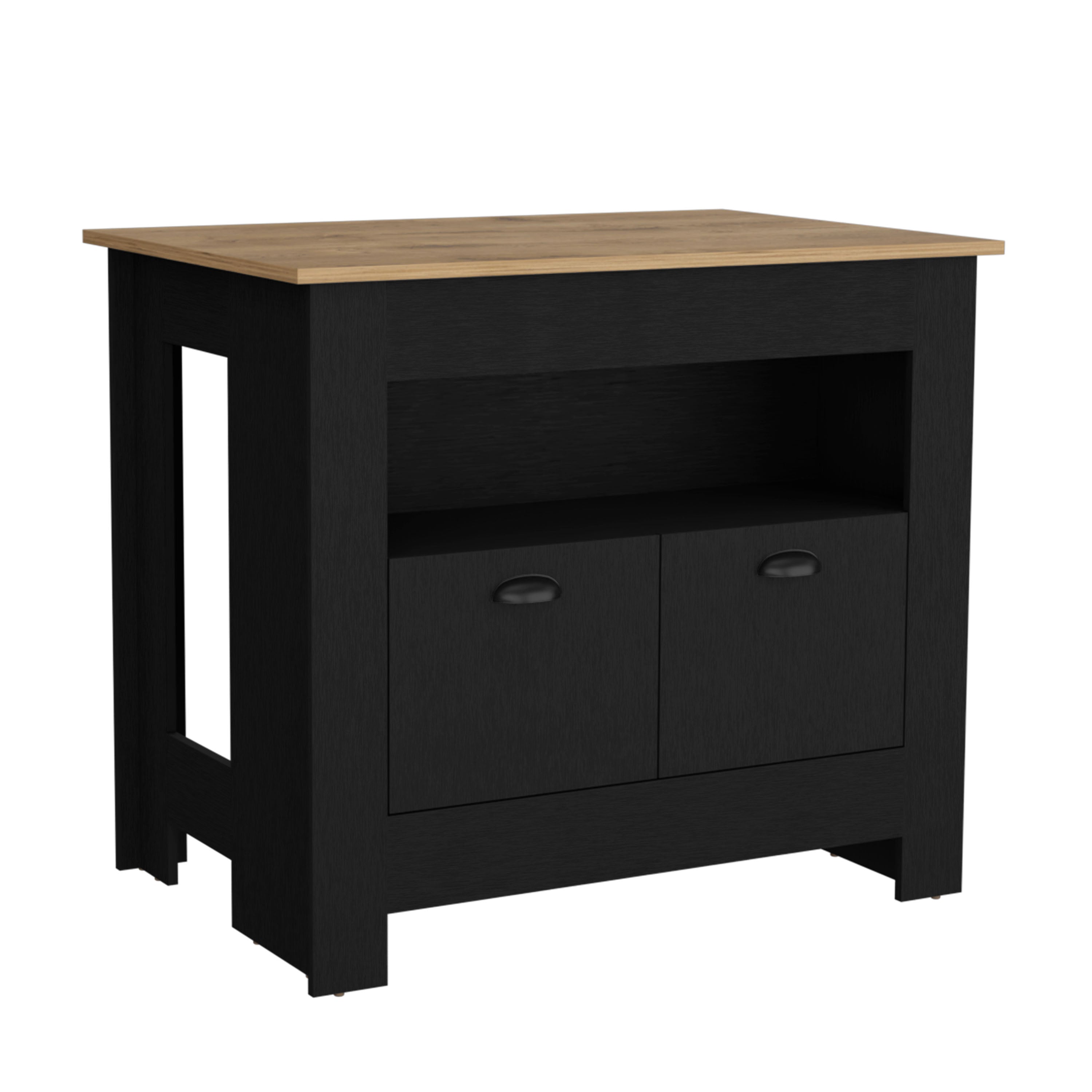 Floyd 35" H Kitchen Island, whit  2 doors, 3 shelves, Black/Macadamia - Luciddepo