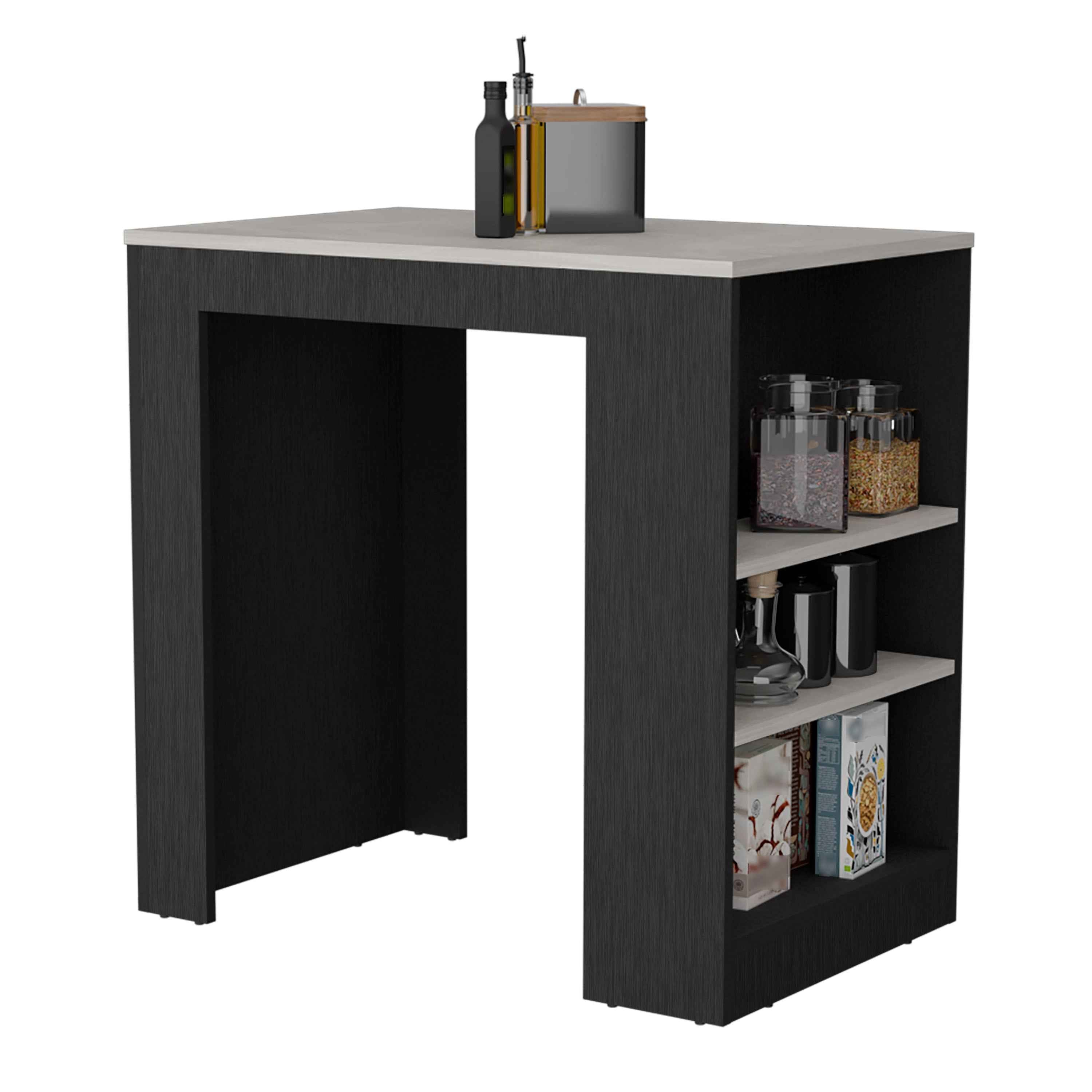 Lacour Kitchen Island, Kitchen Bar Table with 3-Side Shelves, Black / Ibiza Marble