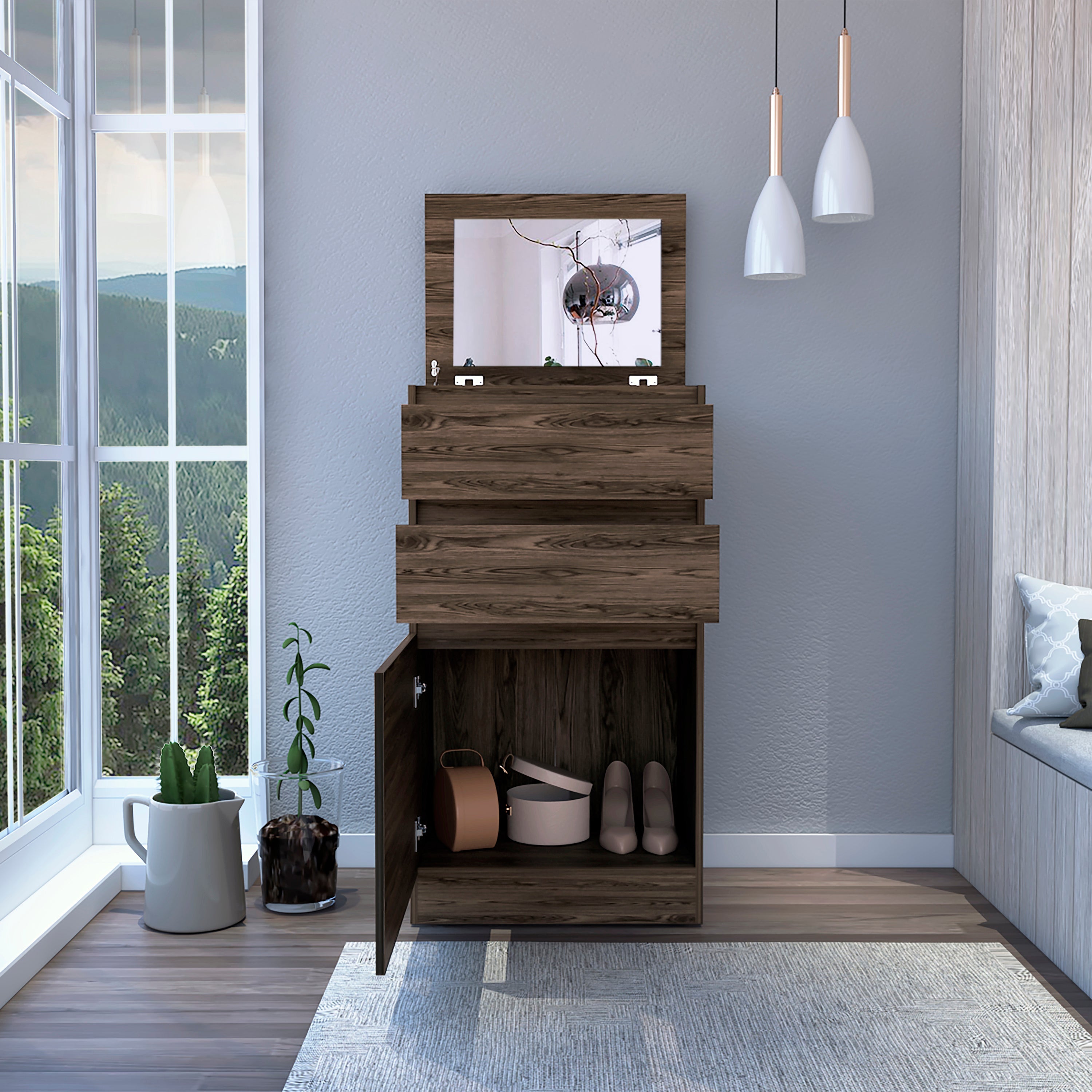 Diamond Dresser, Jewelry Box, Mirror, Single Door Cabinet, Two Drawers, Dark Walnut - Luciddepo