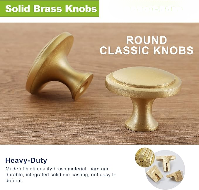 Gold Kitchen Cabinet Knobs, Solid Brass Knobs for Dresser Drawer, Minimalist Bathroom Cabinet Pulls, Modern Furniture Hardware, Brushed Finish (Semicircle/Round/Mushroom/Step) - Luciddepot
