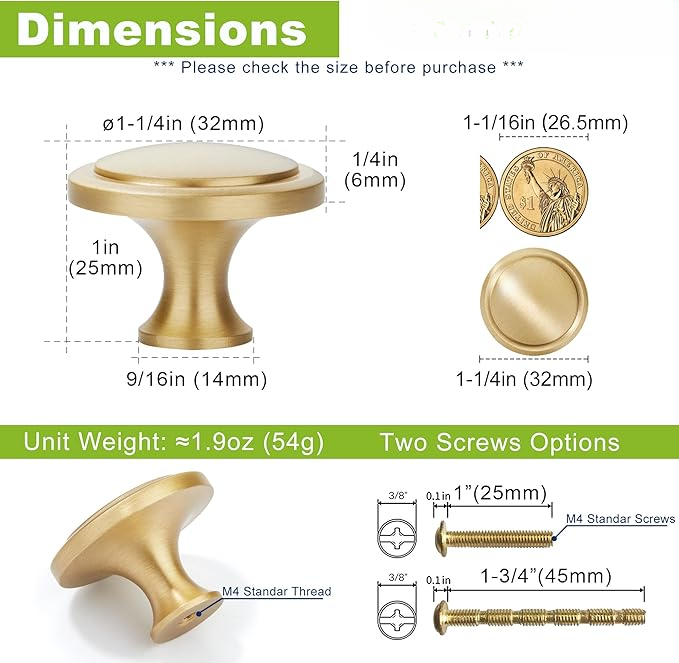 Gold Kitchen Cabinet Knobs, Solid Brass Knobs for Dresser Drawer, Minimalist Bathroom Cabinet Pulls, Modern Furniture Hardware, Brushed Finish (Semicircle/Round/Mushroom/Step) - Luciddepot