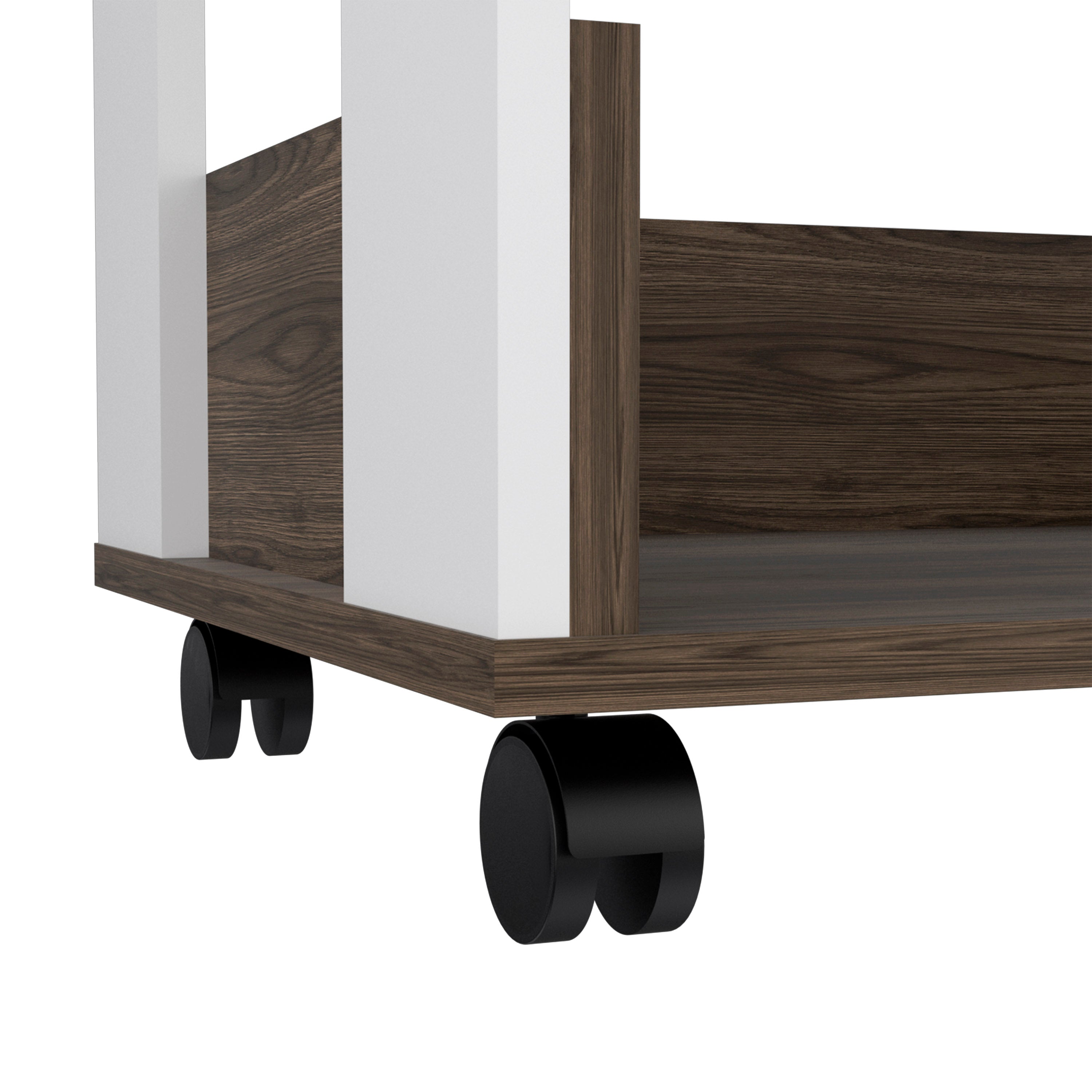 Pillar Kitchen Cart, Four Casters, Three Shelves, White / Dark Walnut - Luciddepo
